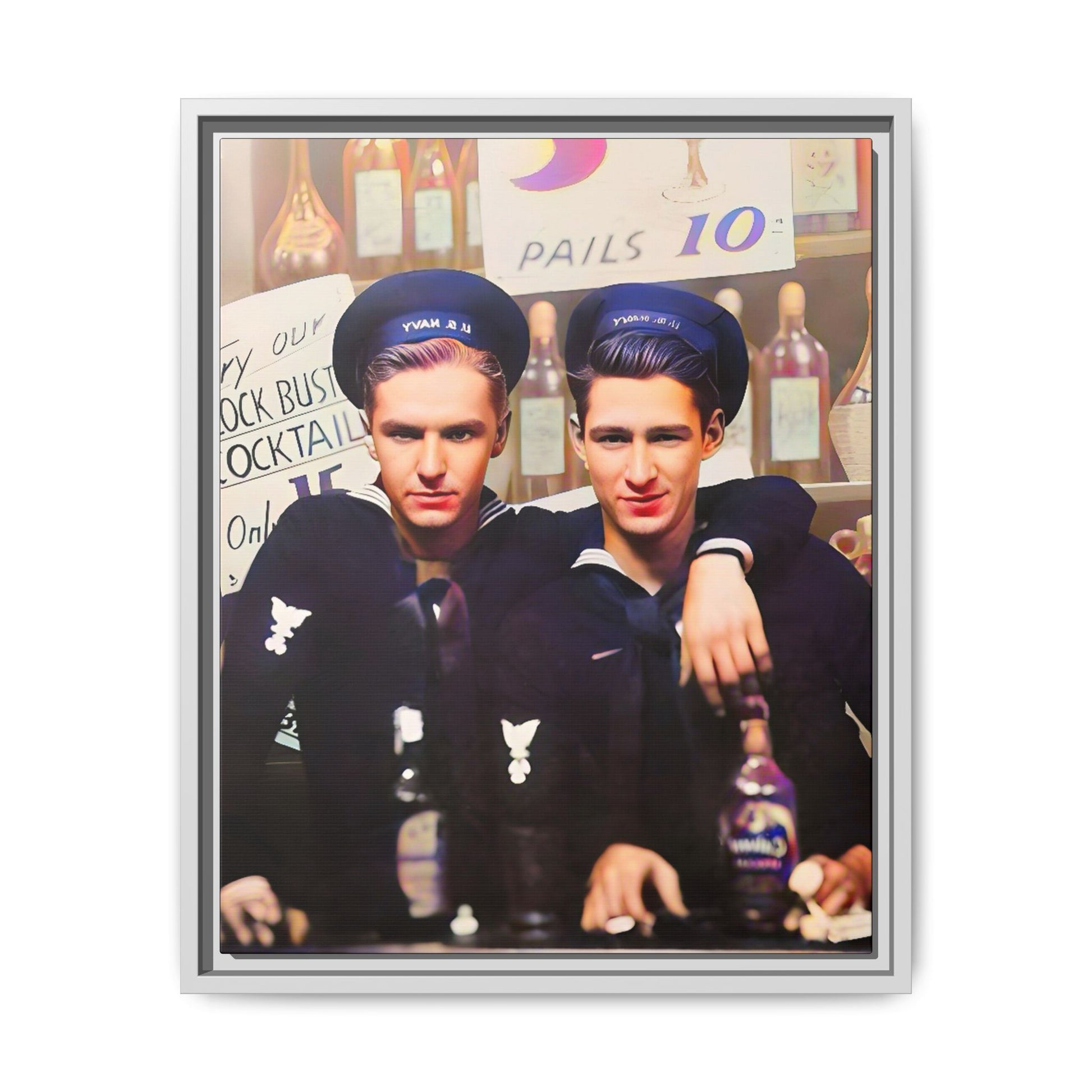 A restored vintage naval portrait of Leo & Vincent, two sailors at Norfolk Naval Station. This framed matte canvas captures LGBTQ+ history, camaraderie, and resilience in a timeless moment. Gay Couple