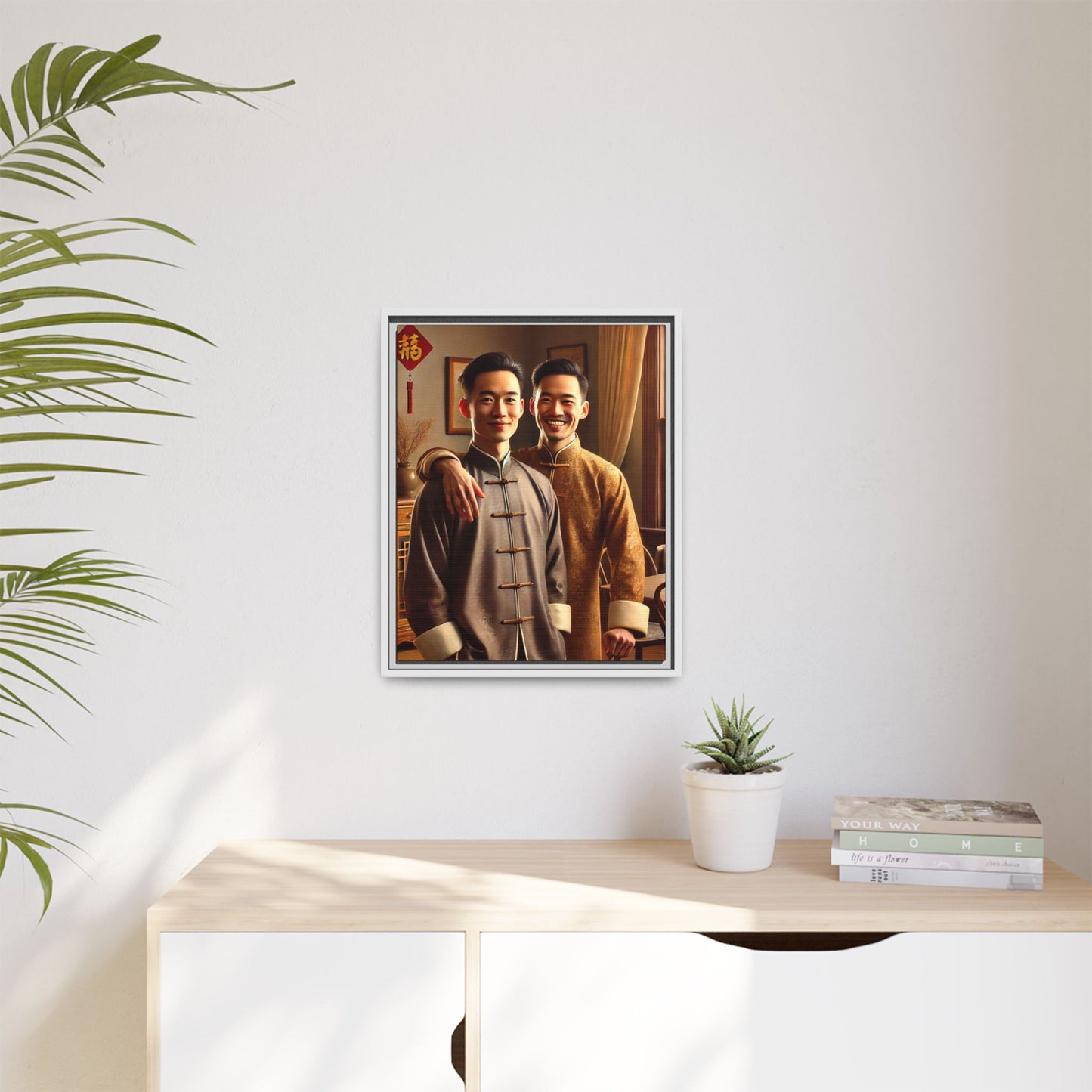 Artwork featuring a joyful portrait of a Chinese queer couple celebrating Chinese New Year in traditional attire. Set in a cozy American home adorned with subtle decorations, this image captures love, cultural pride, and warmth, blending Chinese heritage with a Midwestern setting