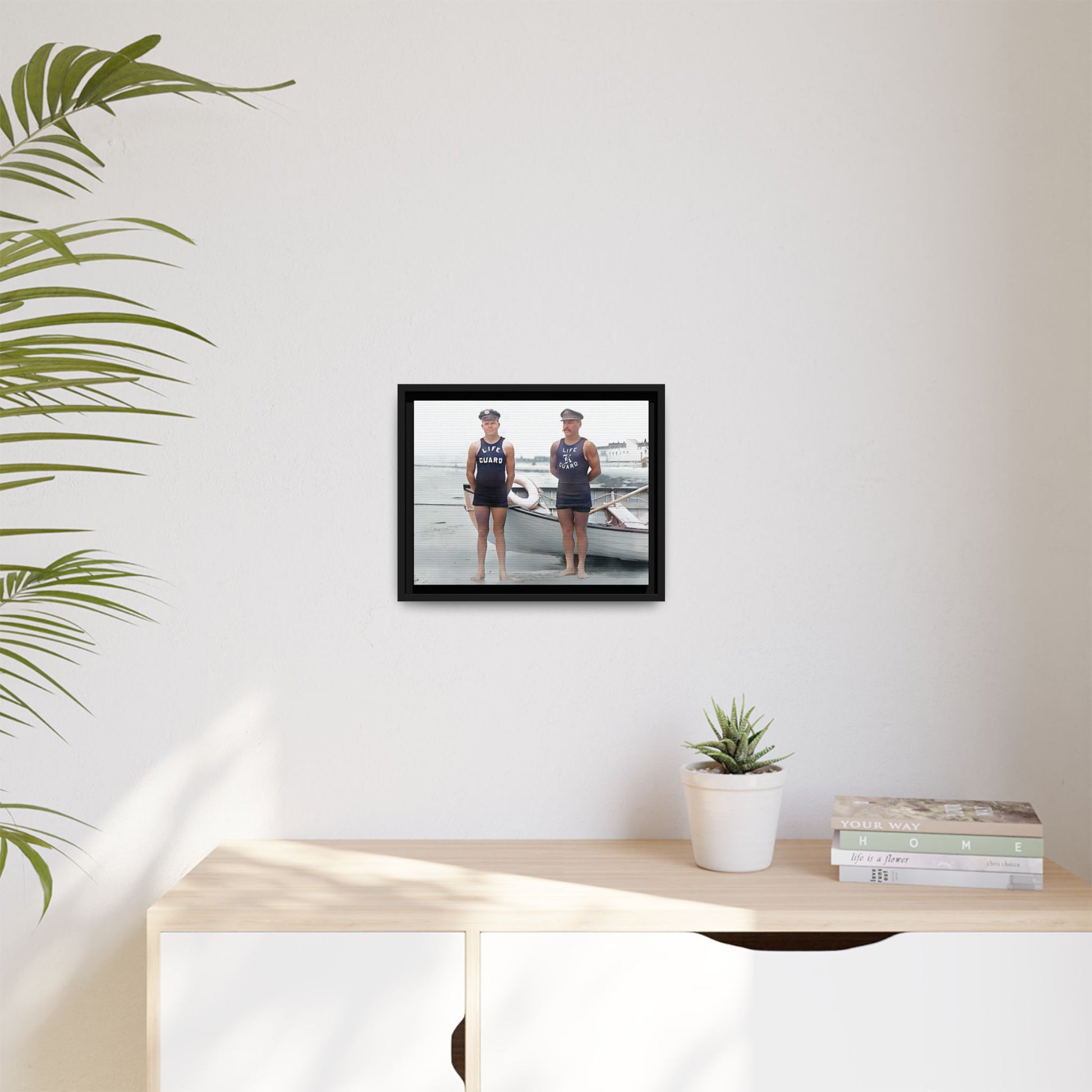 A nostalgic framed canvas print of vintage lifeguards in Cape May, NJ. This coastal artwork captures the charm of early 20th-century beach life, making it perfect for lovers of maritime history, seaside decor, and Americana enthusiasts.