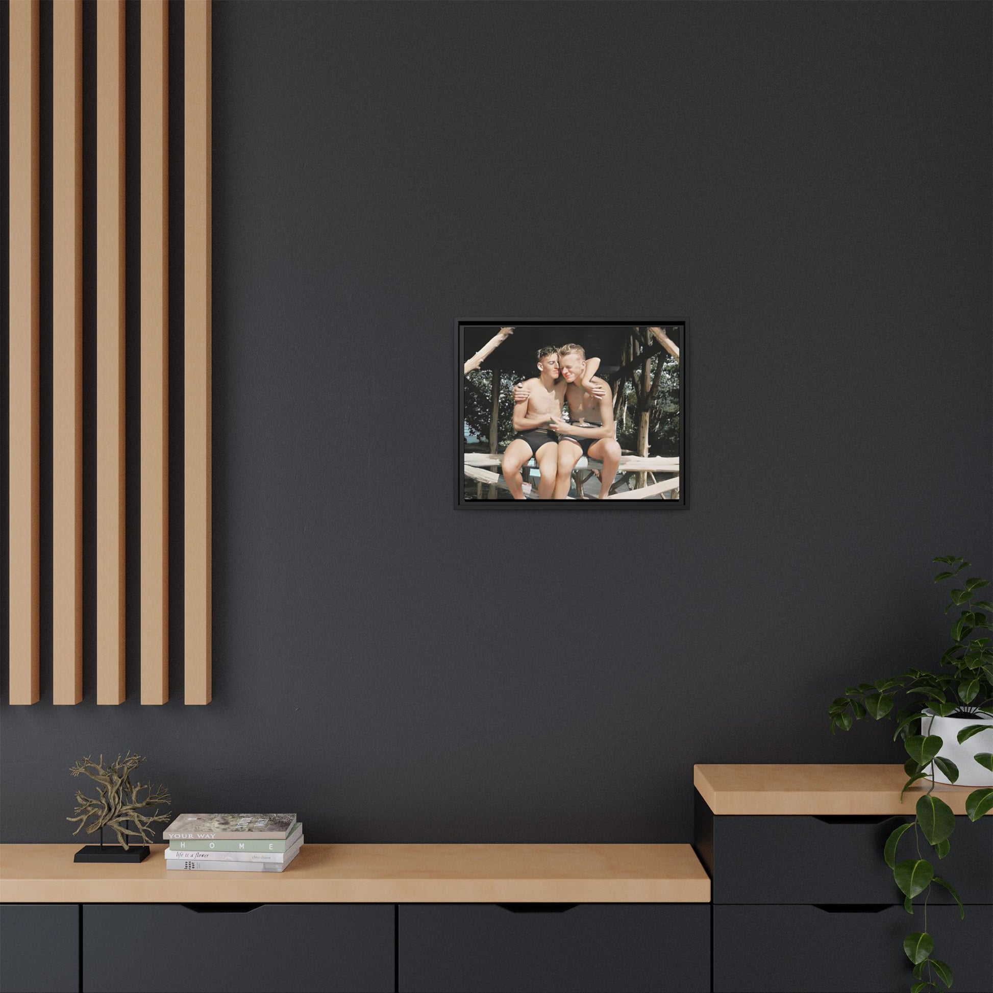 A vintage-inspired framed canvas print featuring Joseph and Billy at Kahena Beach, Hawaii. Their intimate moment under a sunlit pergola captures the warmth of love, freedom, and tropical serenity—perfect for coastal, LGBTQ+, and romantic home decor.