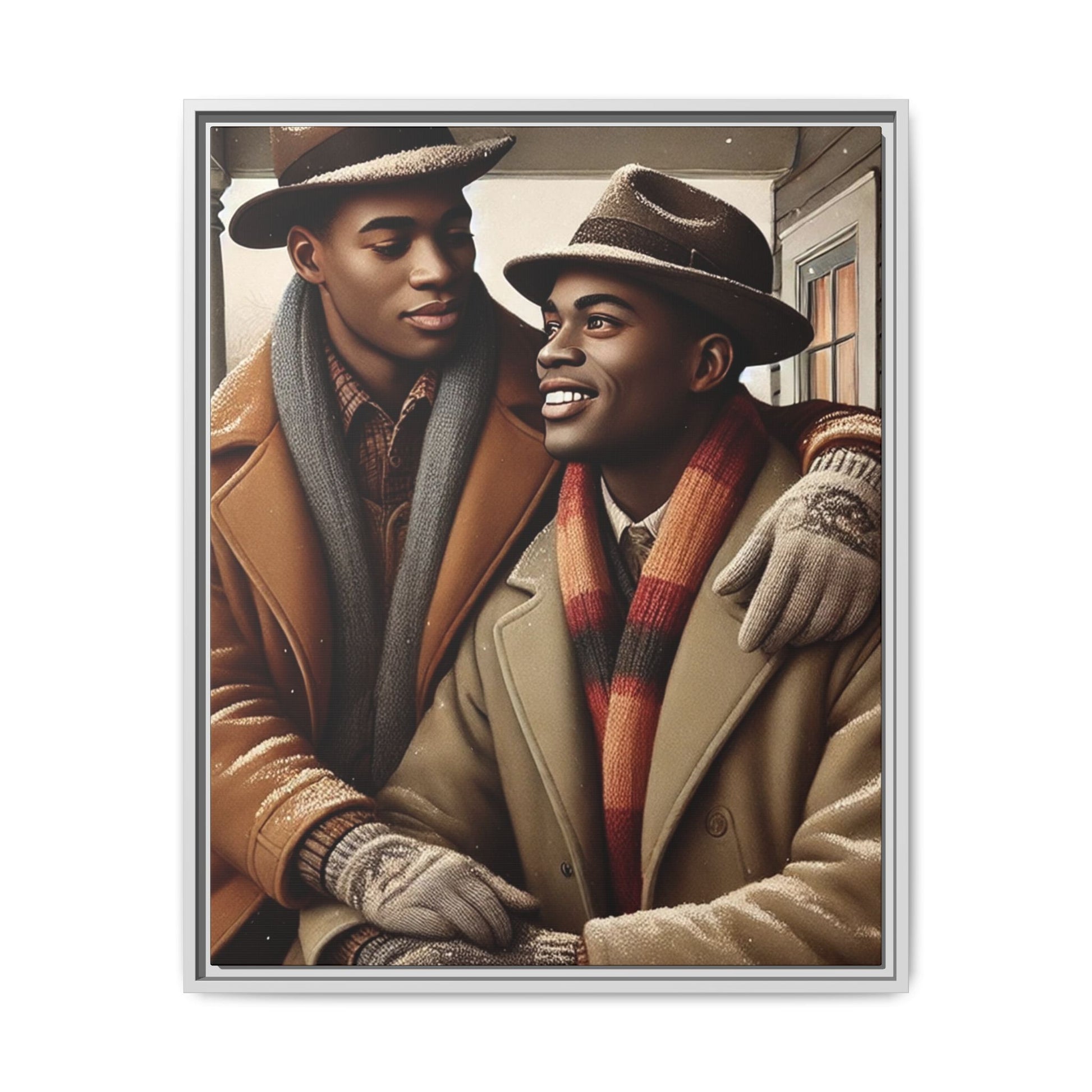 Artwork of an African-American queer couple sharing a cozy winter moment on a porch. Dressed in vintage winter attire with fedoras, scarves, and warm coats, they exchange affectionate gazes amidst softly falling snow, capturing love, warmth, and intimacy in a nostalgic winter setting.
