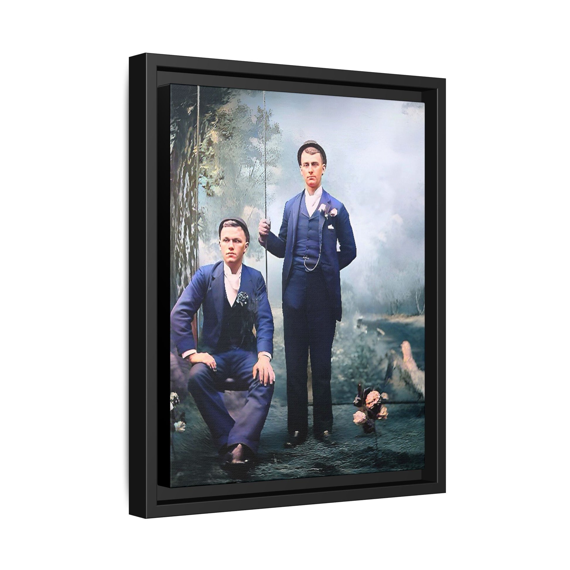 A restored vintage portrait of David & Earnest in Monongahela City, Pennsylvania. This framed matte canvas honors LGBTQ+ history, elegance, and enduring love. Gay Couple