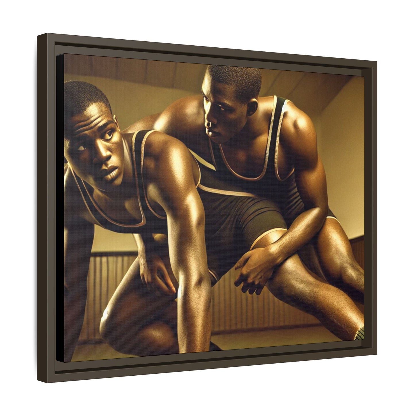 Framed artwork inspired by Grant Wood, showcasing African-American wrestlers in a vintage gymnasium setting. A powerful tribute to teamwork, resilience, and regionalist art.