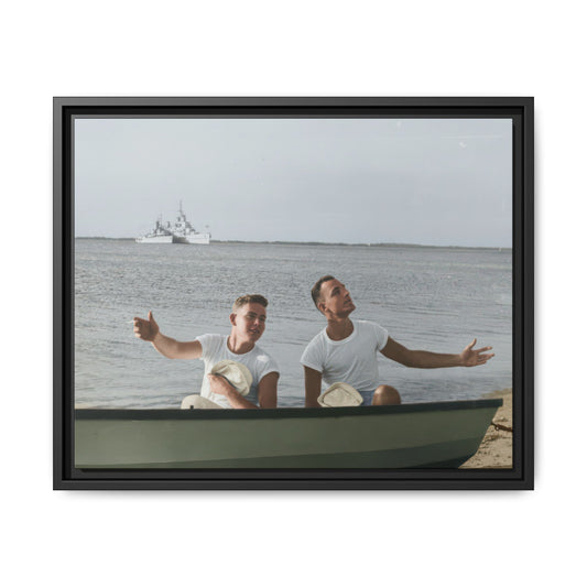 Historical maritime portrait showing two sailors in white shirts holding caps on calm water