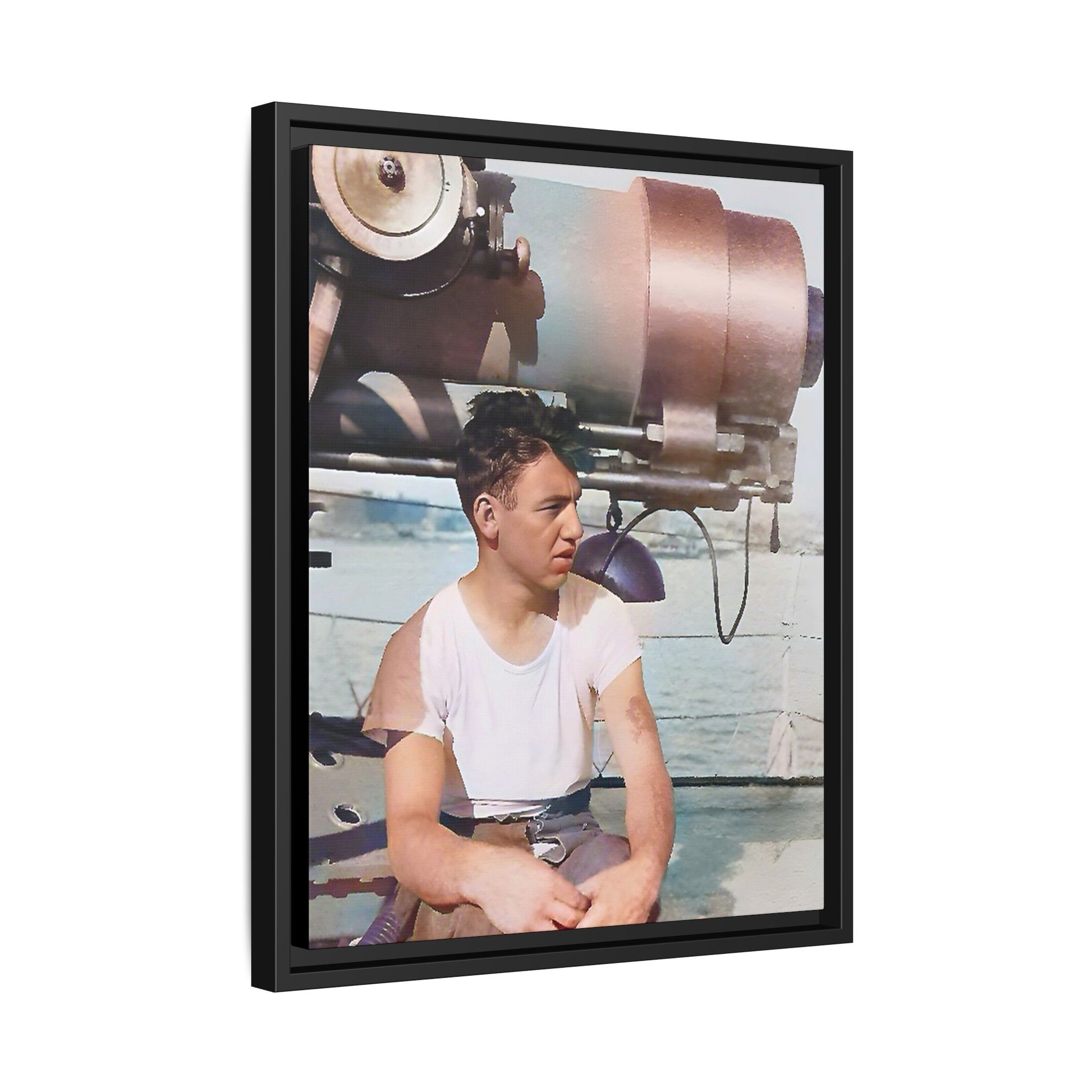 A restored vintage portrait of Harvey aboard the USS Oklahoma (BB-37). This framed matte canvas honors naval history, resilience, and service. Battleship Photo