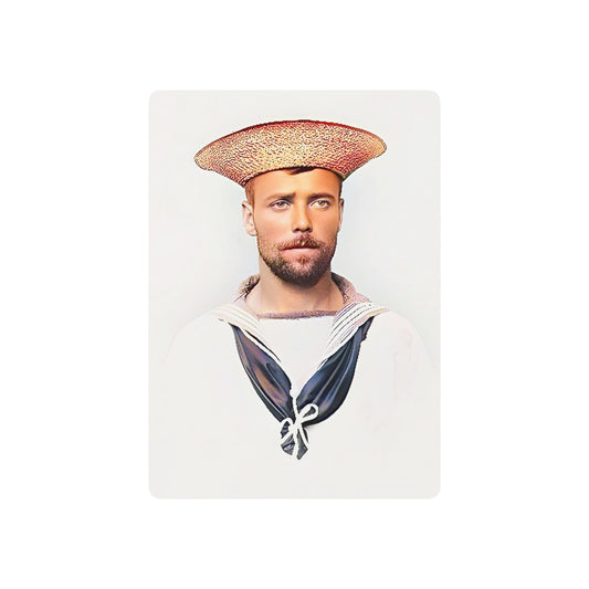 Vintage photo of a British sailor in Royal Navy uniform, featuring a straw sennet hat and a stoic expression of pride and duty.