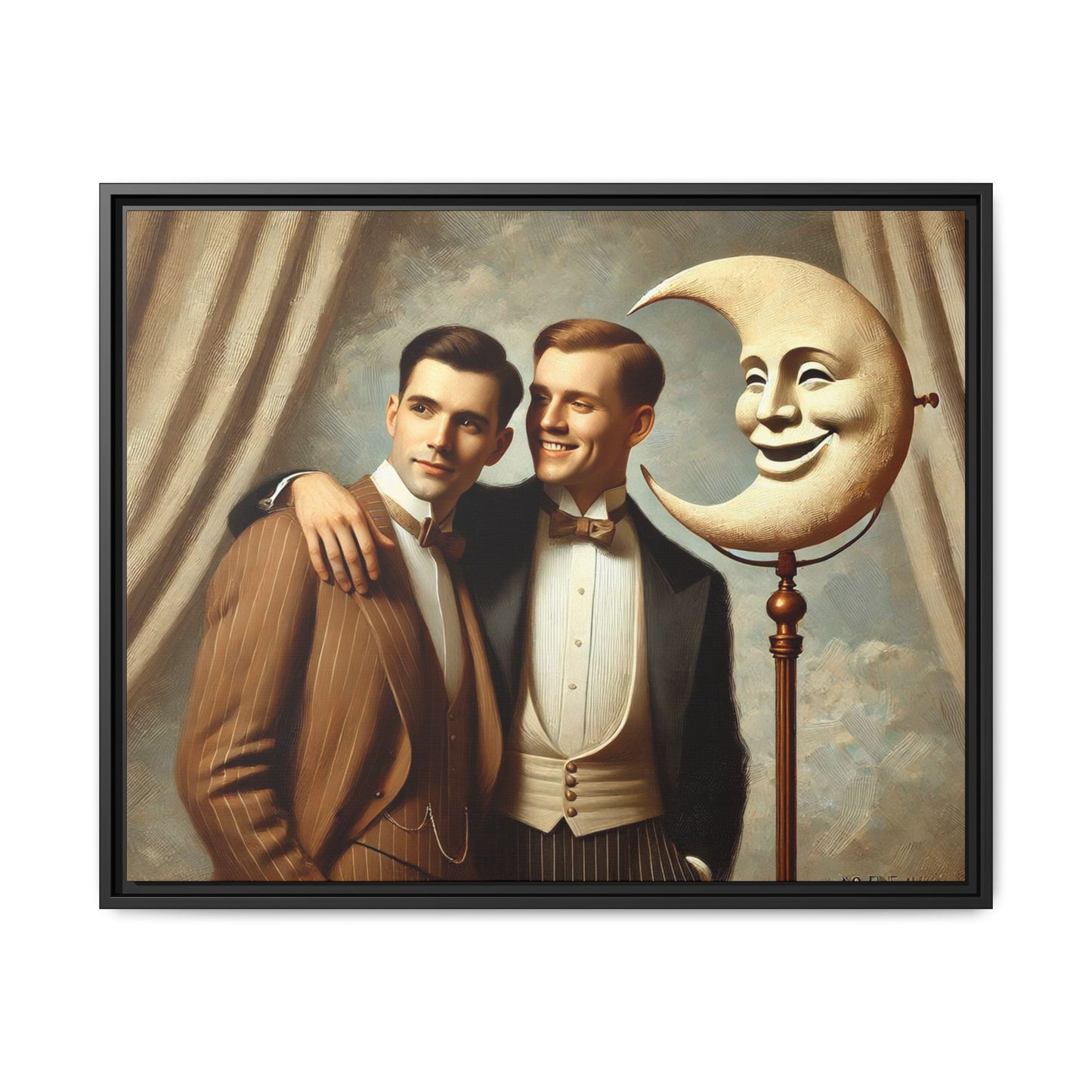 Framed matte canvas artwork of two men in vintage tuxedos standing beside a crescent moon prop. This piece reclaims LGBTQ+ representation lost to bias and honors everyday moments of affection and connection once absent from historical archives.