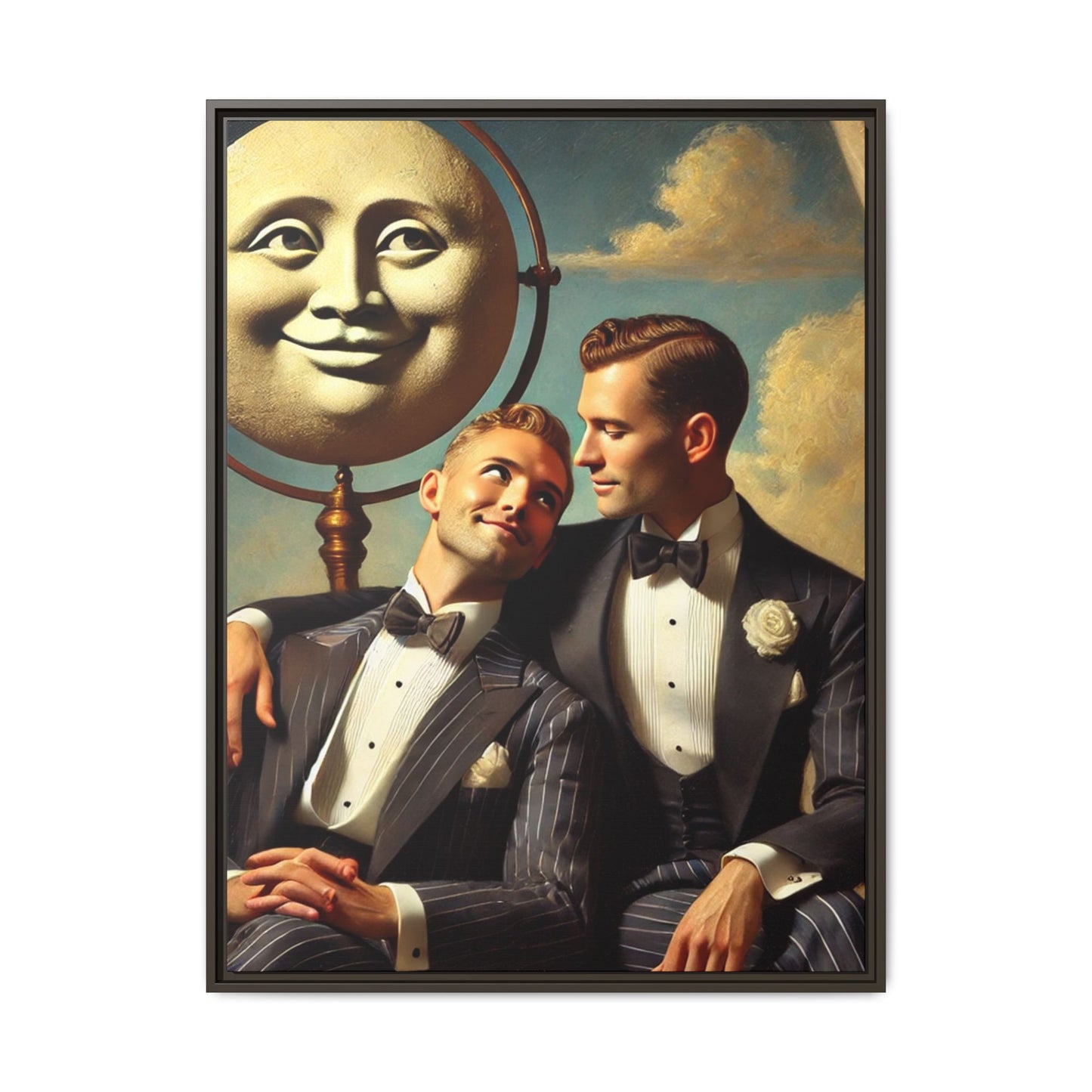 Framed matte canvas portrait featuring two young men in vintage overalls with a crescent moon prop above them. This artwork from the Missing Art Studies series reclaims LGBTQ+ imagery that may have been lost to bias, presenting warmth, intimacy, and presence.