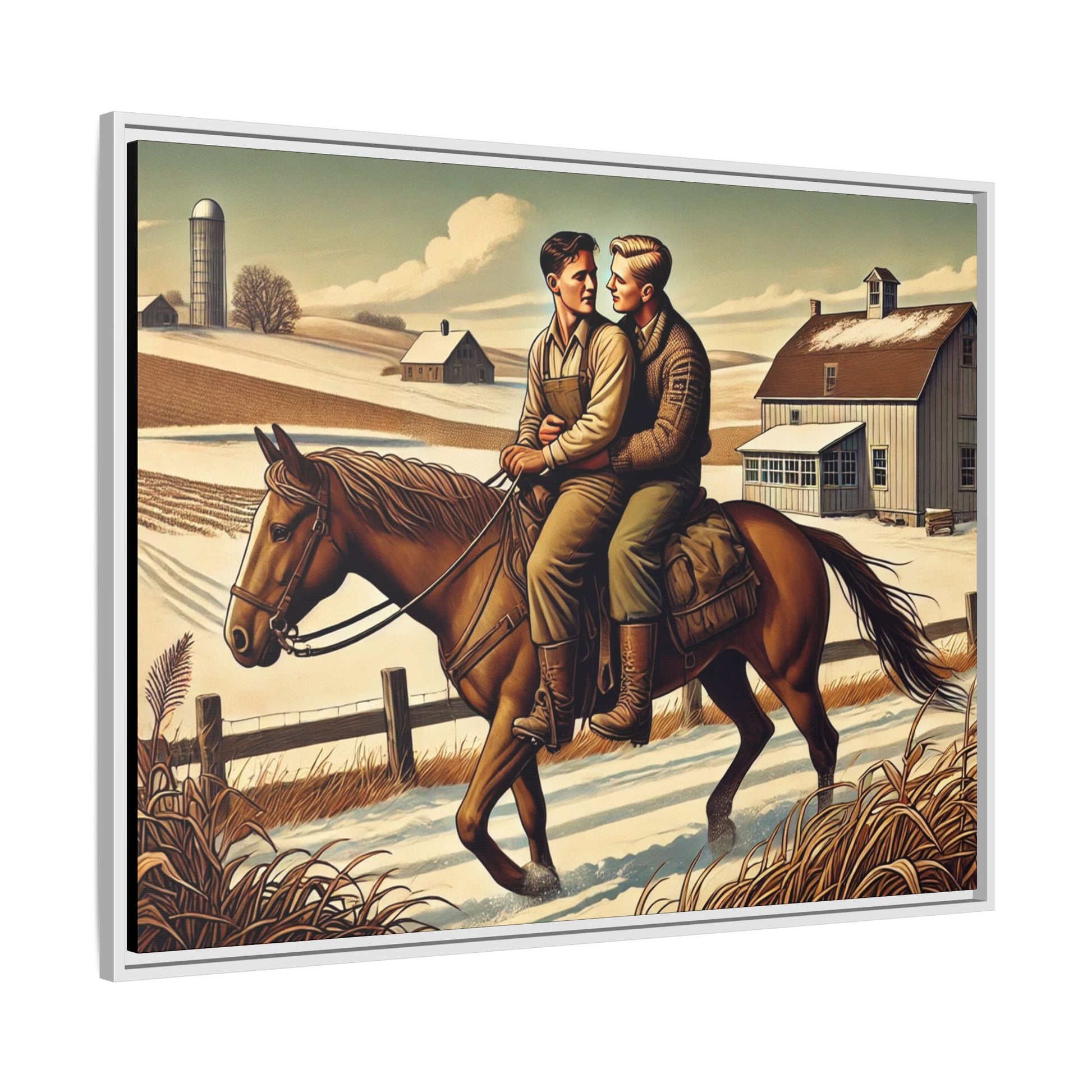 Artwork of a gay couple sharing a tender moment while seated together on a single horse in a snowy, rural Midwestern landscape. Dressed in early 20th-century attire, the men gaze at each other warmly, capturing love, resilience, and companionship in a serene 1930s-inspired American scene