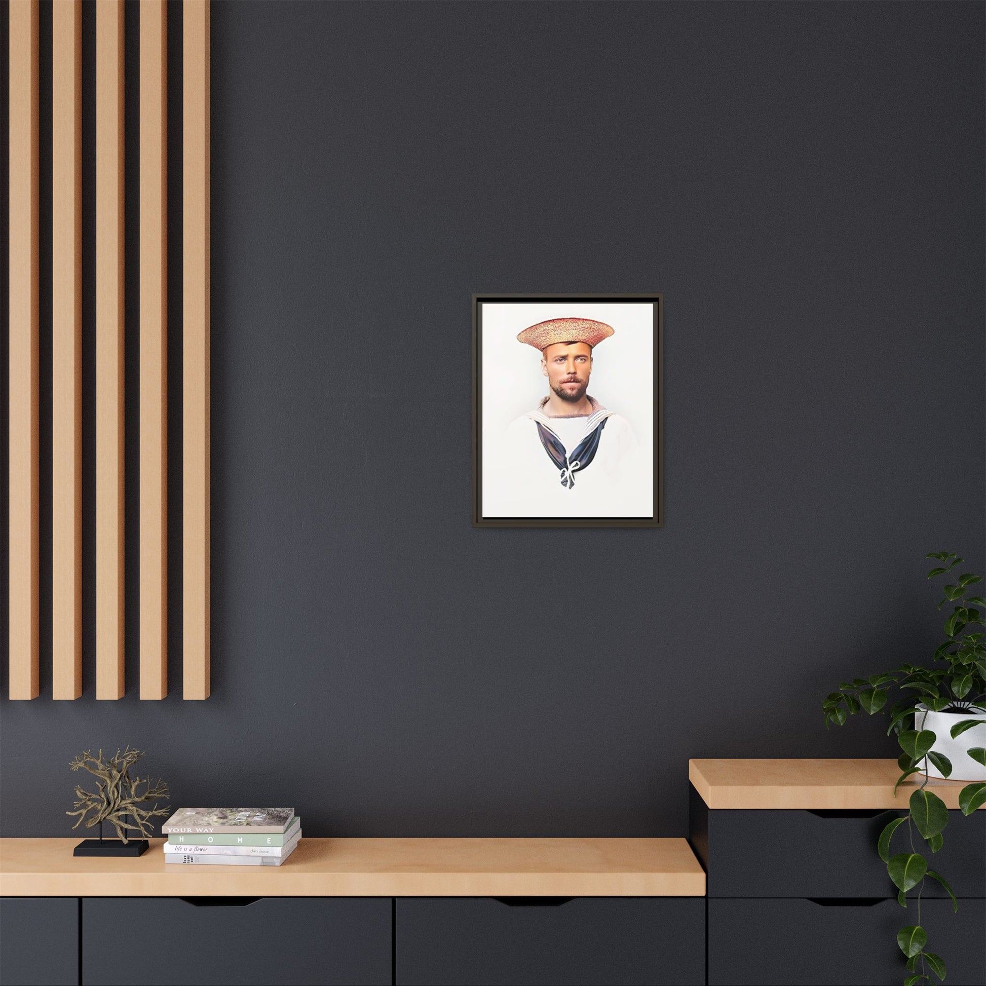 A restored vintage portrait of Elijah, a British sailor in Weihaiwei, China. This framed matte canvas honors naval history, tradition, and duty.