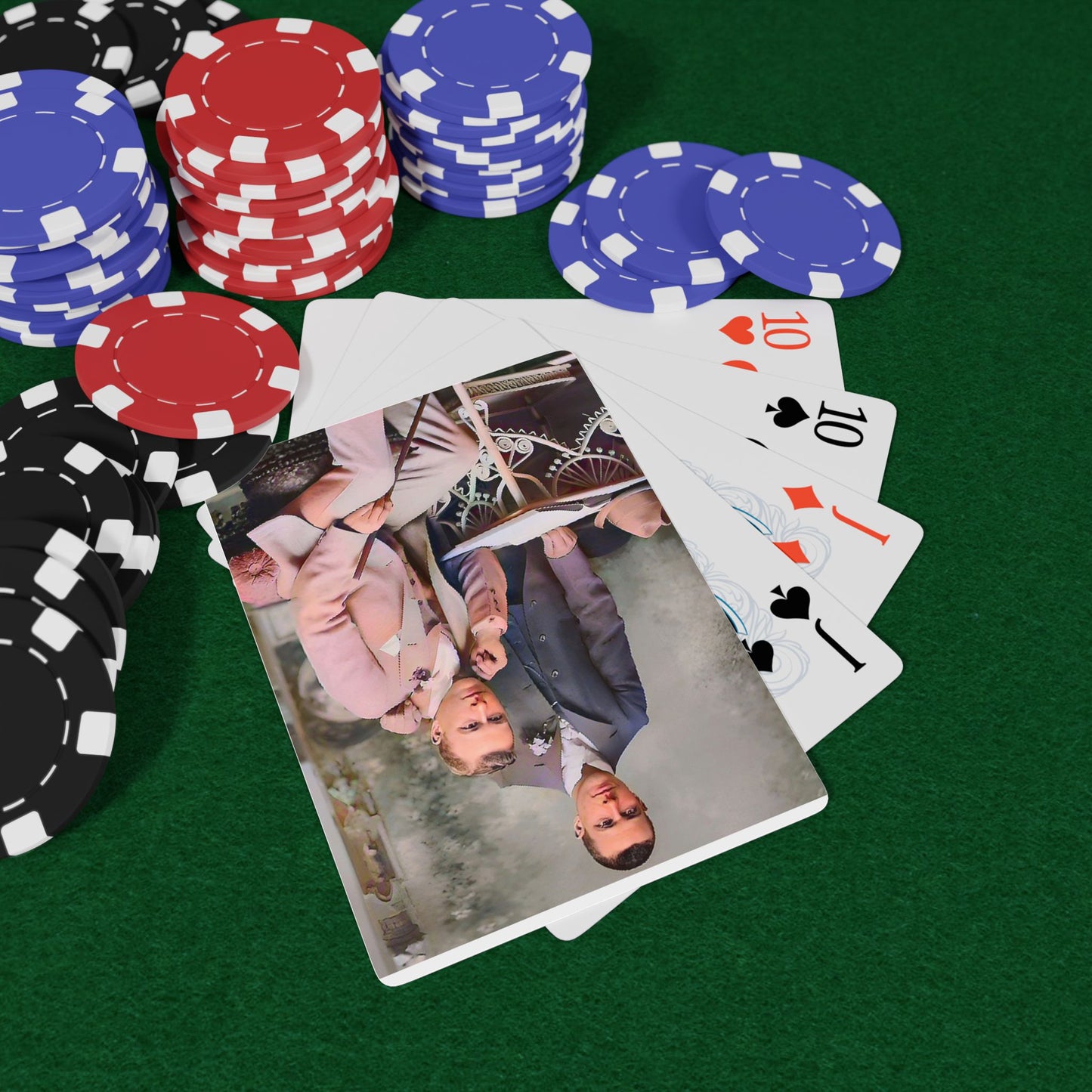 Vintage photo of an elegantly dressed gay couple in a formal studio setting, symbolizing Queer love and resilience.