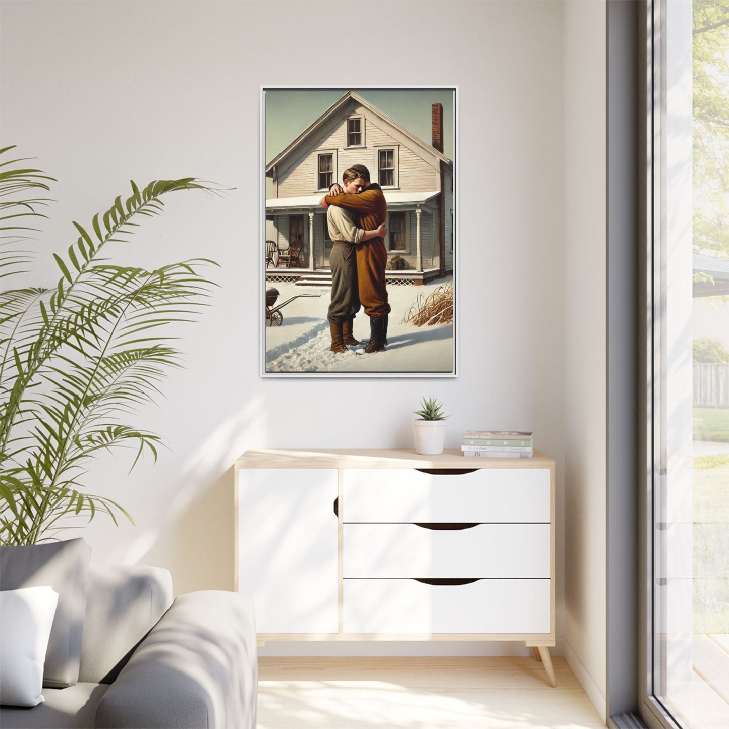 Artwork of a tender moment between a gay couple embracing outside a farmhouse in a snowy, rural landscape. Dressed in vintage attire, the two men find warmth and comfort in each other’s arms, capturing love and connection in a serene, Americana winter setting