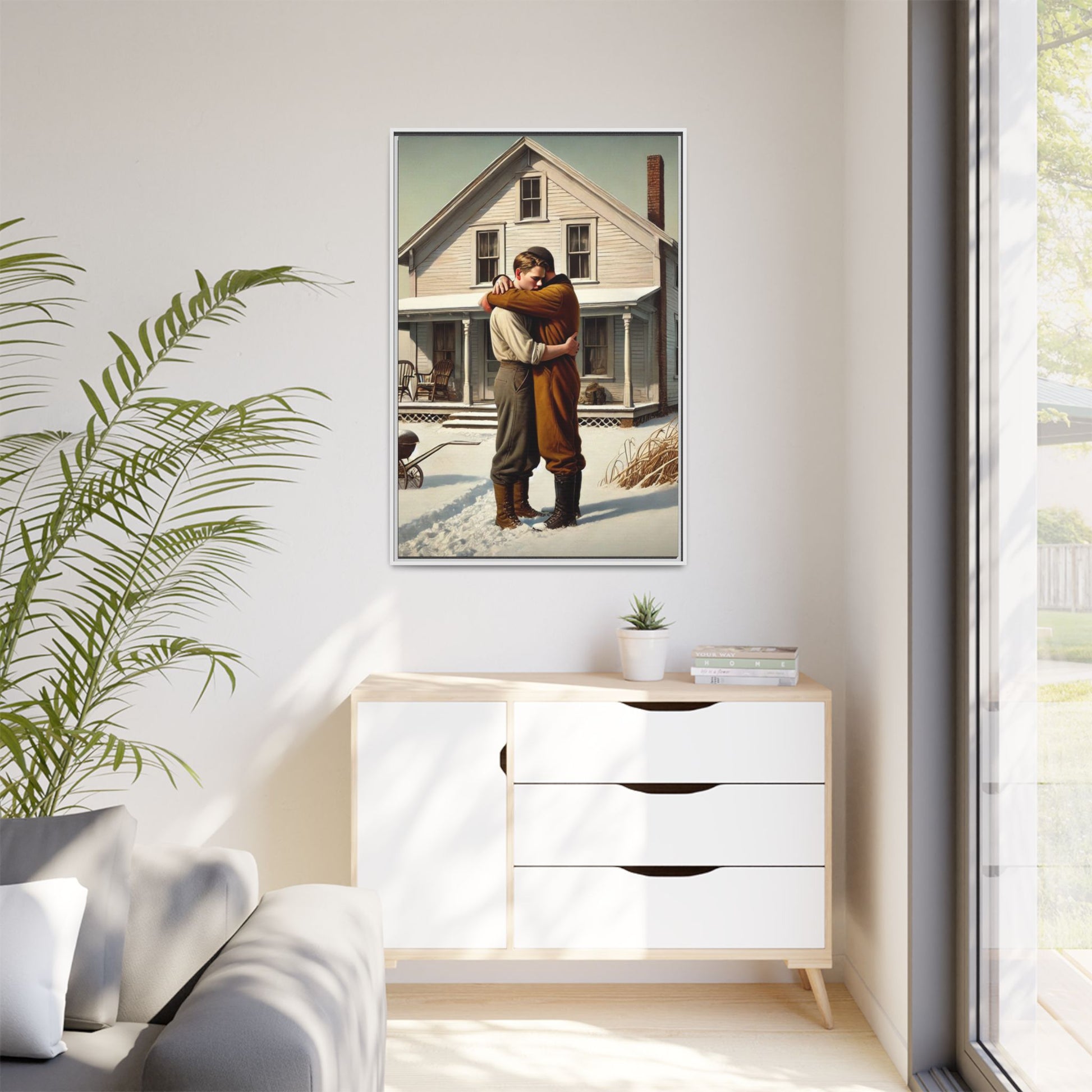 Artwork of a tender moment between a gay couple embracing outside a farmhouse in a snowy, rural landscape. Dressed in vintage attire, the two men find warmth and comfort in each other’s arms, capturing love and connection in a serene, Americana winter setting