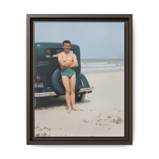 Framed matte canvas wall art showing a 1930s beach portrait with vintage car and open shoreline