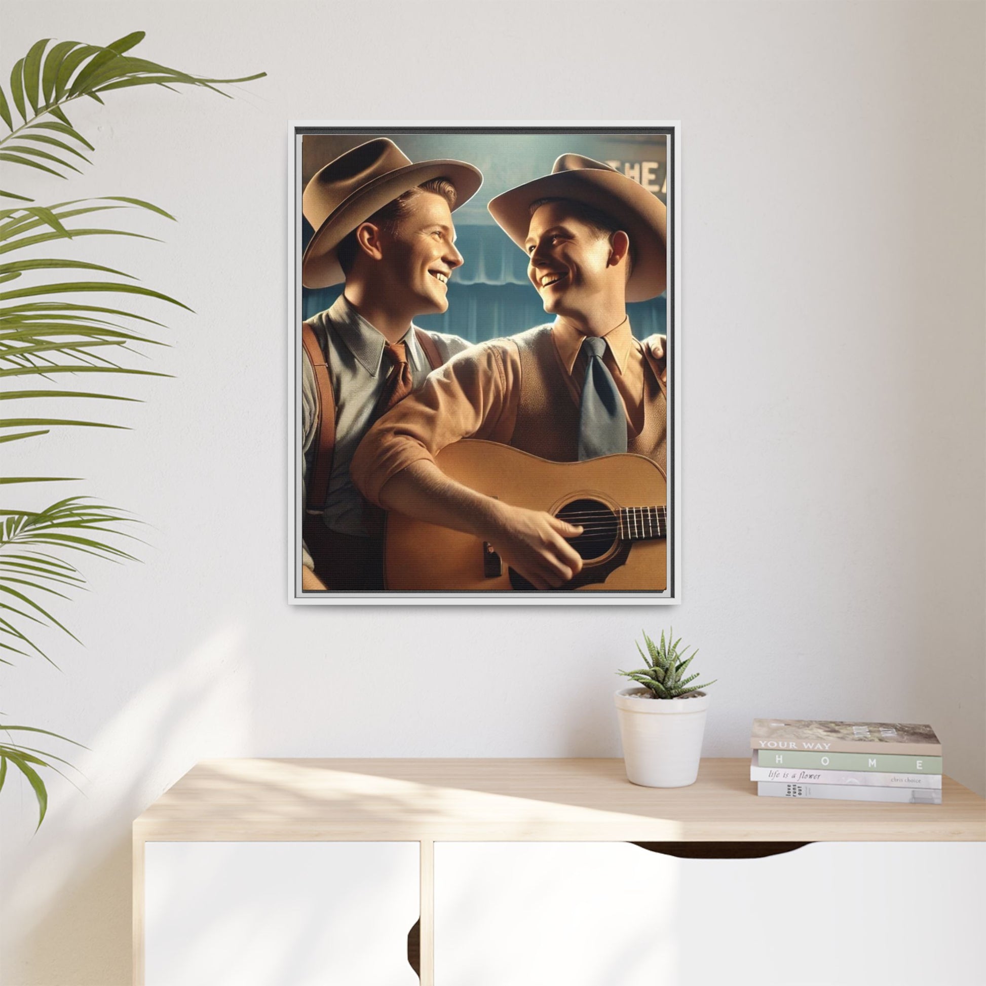 Artwork of a gay couple recording a country-western song in a 1930s-style studio. Dressed in classic Western attire with wide-brimmed hats and button-up shirts, the two men share an affectionate gaze, capturing love and unity in a nostalgic, vintage setting.