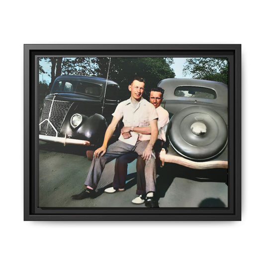 Restored vintage photograph of Andrew and Eugene seated on a classic car bumper in 1930s Lincoln, Nebraska. Framed matte canvas print celebrating LGBTQ+ history, love, and timeless companionship. Gay Couple