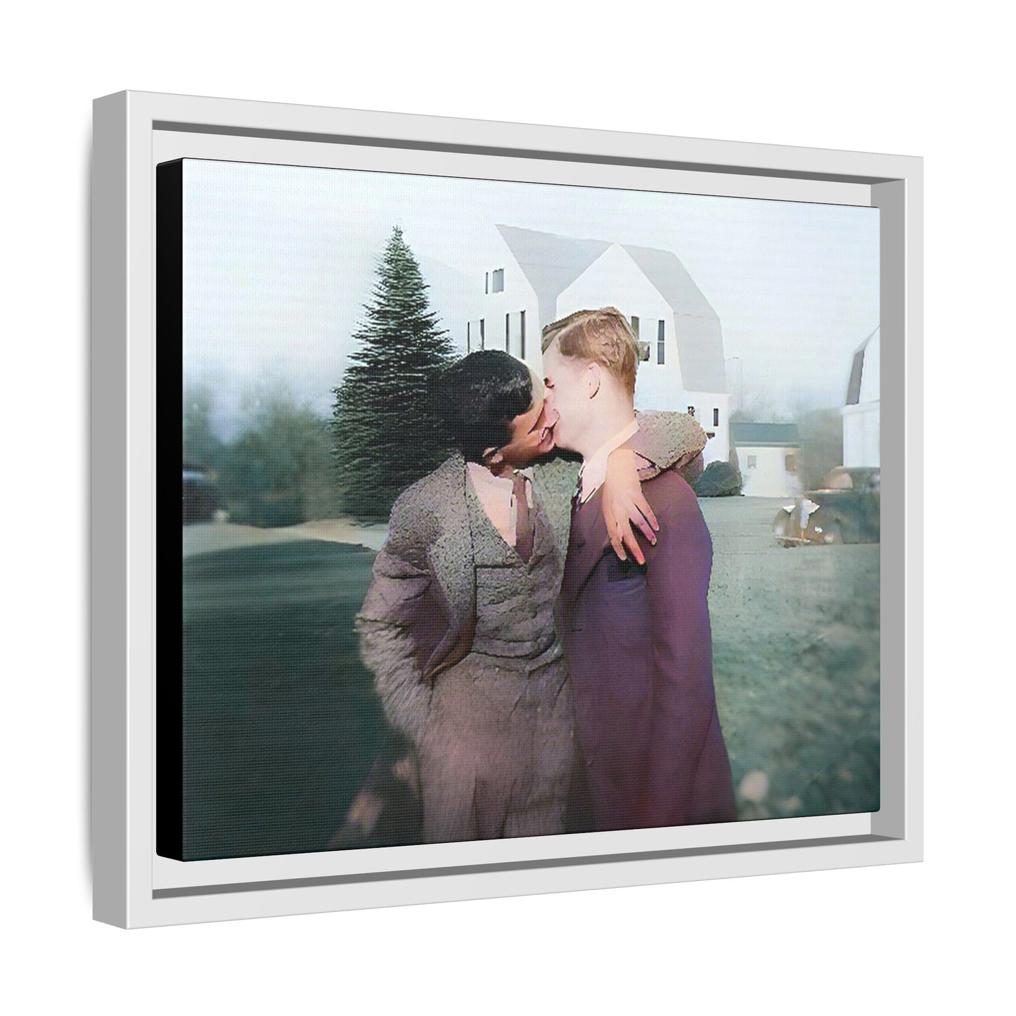 A vintage LGBTQ+ portrait of Milton & Shawn in Londonderry, NH. This framed matte canvas captures a timeless moment of love and resilience, making it a perfect piece for collectors, history enthusiasts, and those celebrating love in all forms. Gay Couple Art
