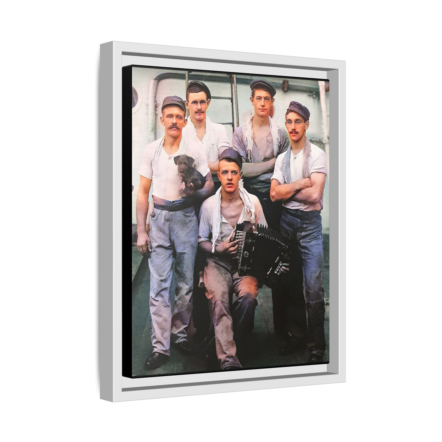 A vintage maritime photograph printed on matte canvas, featuring sailors aboard the Waimarino Cargo Ship, highlighting companionship, tradition, and the spirit of life at sea.