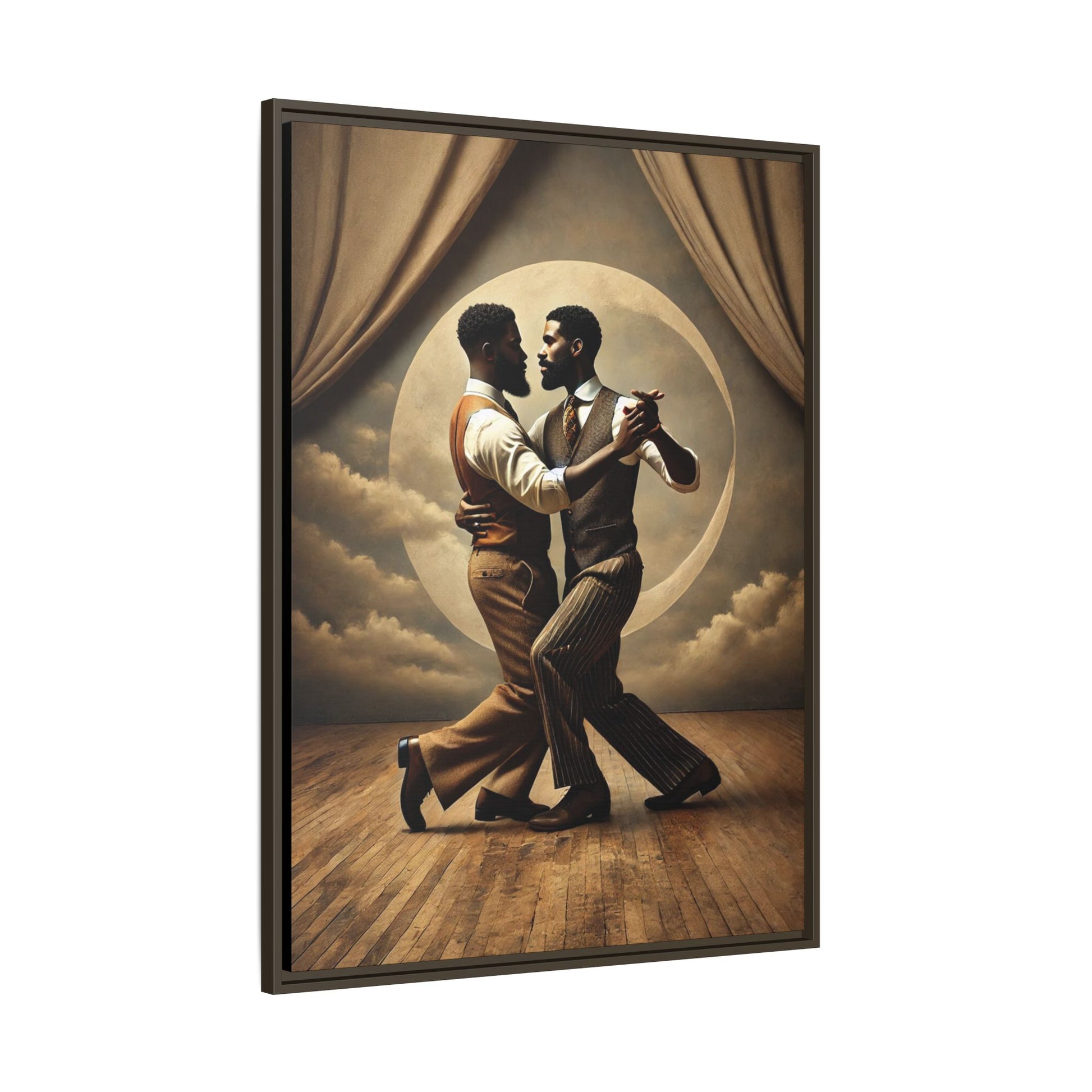 Original artwork of two Black men ballroom dancing in vintage 1920s suits under a glowing moon backdrop. A romantic and powerful tribute to queer love and Black history that reclaims moments lost to systemic bias and cultural erasure.