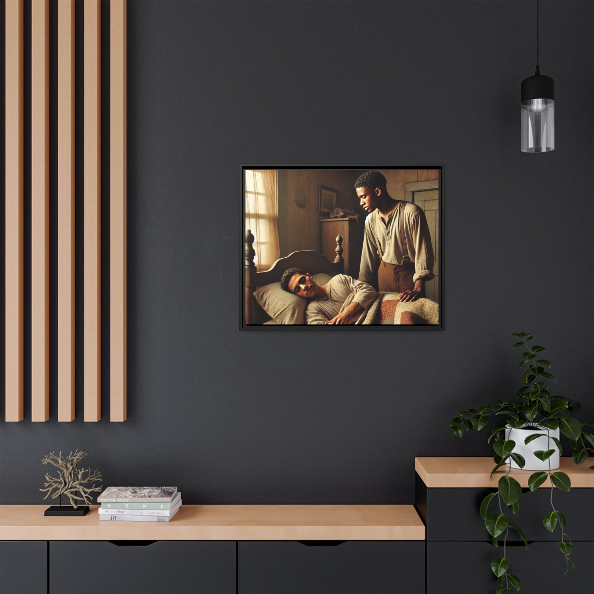 Grant 007 artwork depicting an African-American queer couple in a tender, intimate moment within a rustic bedroom. This scene, bathed in warm, nostalgic light, captures the love and quiet resilience of rural life, celebrating LGBTQ+ representation and African-American heritage.