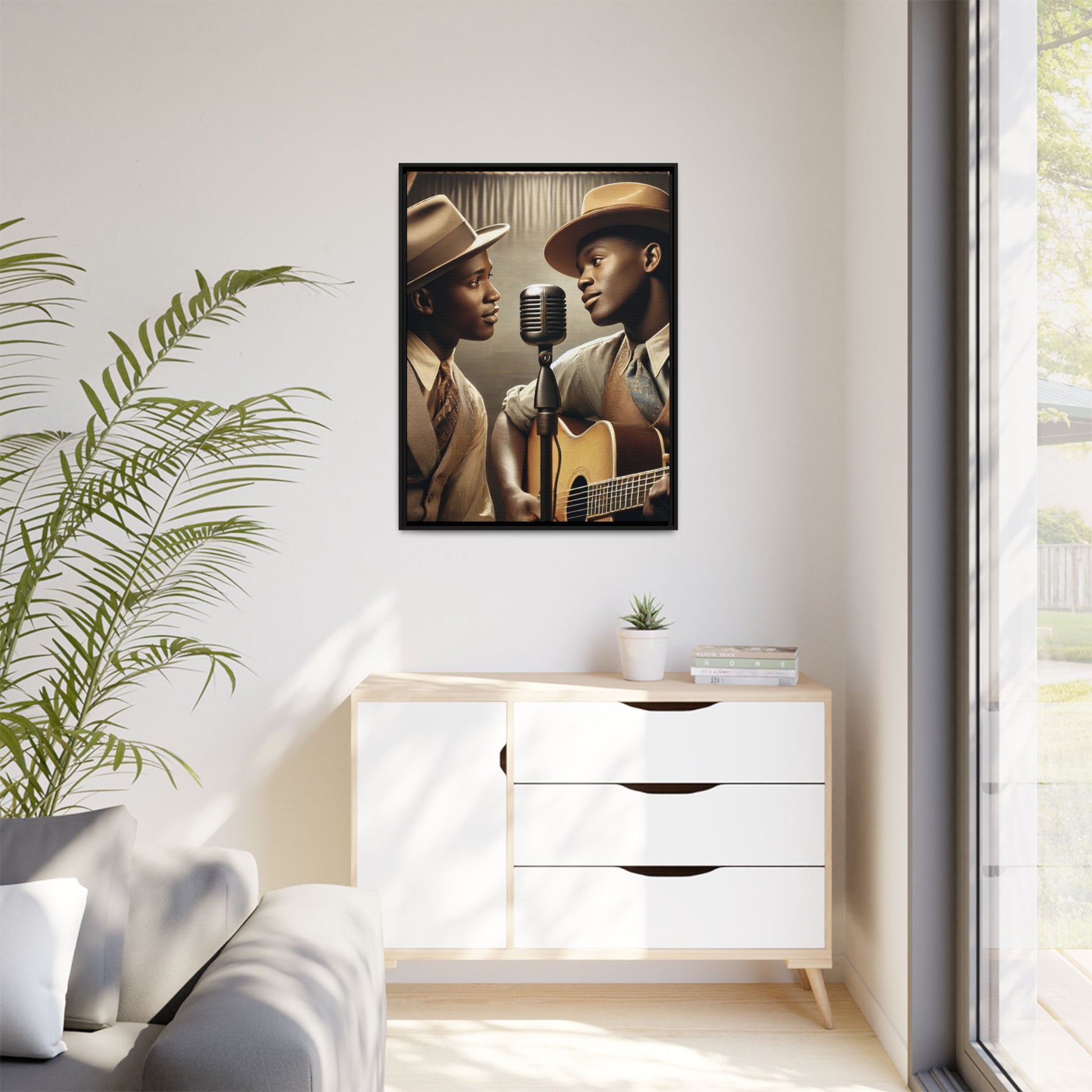 Artwork of an African-American gay couple recording a song in a 1930s-style studio. Dressed in vintage attire with fedoras and ties, they share a close, tender moment around a classic microphone, capturing love, music, and cultural heritage in a nostalgic setting