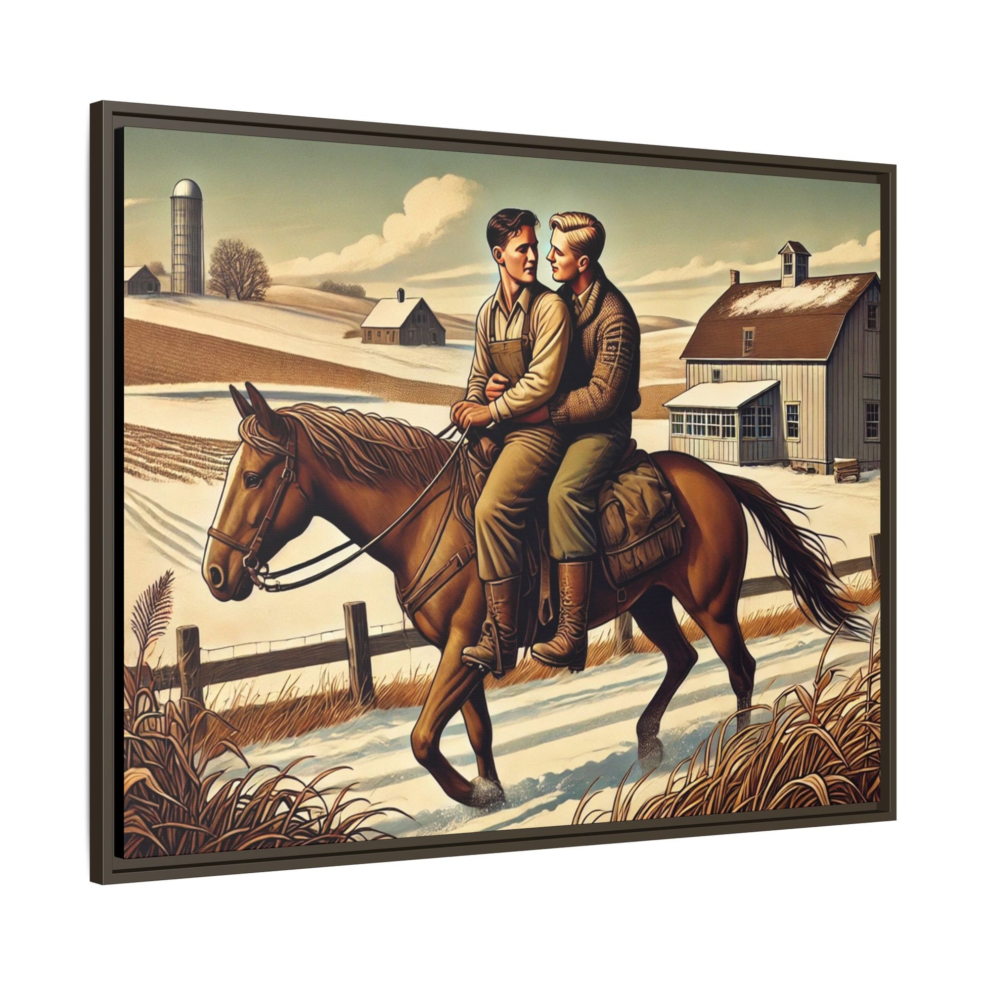 Artwork of a gay couple sharing a tender moment while seated together on a single horse in a snowy, rural Midwestern landscape. Dressed in early 20th-century attire, the men gaze at each other warmly, capturing love, resilience, and companionship in a serene 1930s-inspired American scene