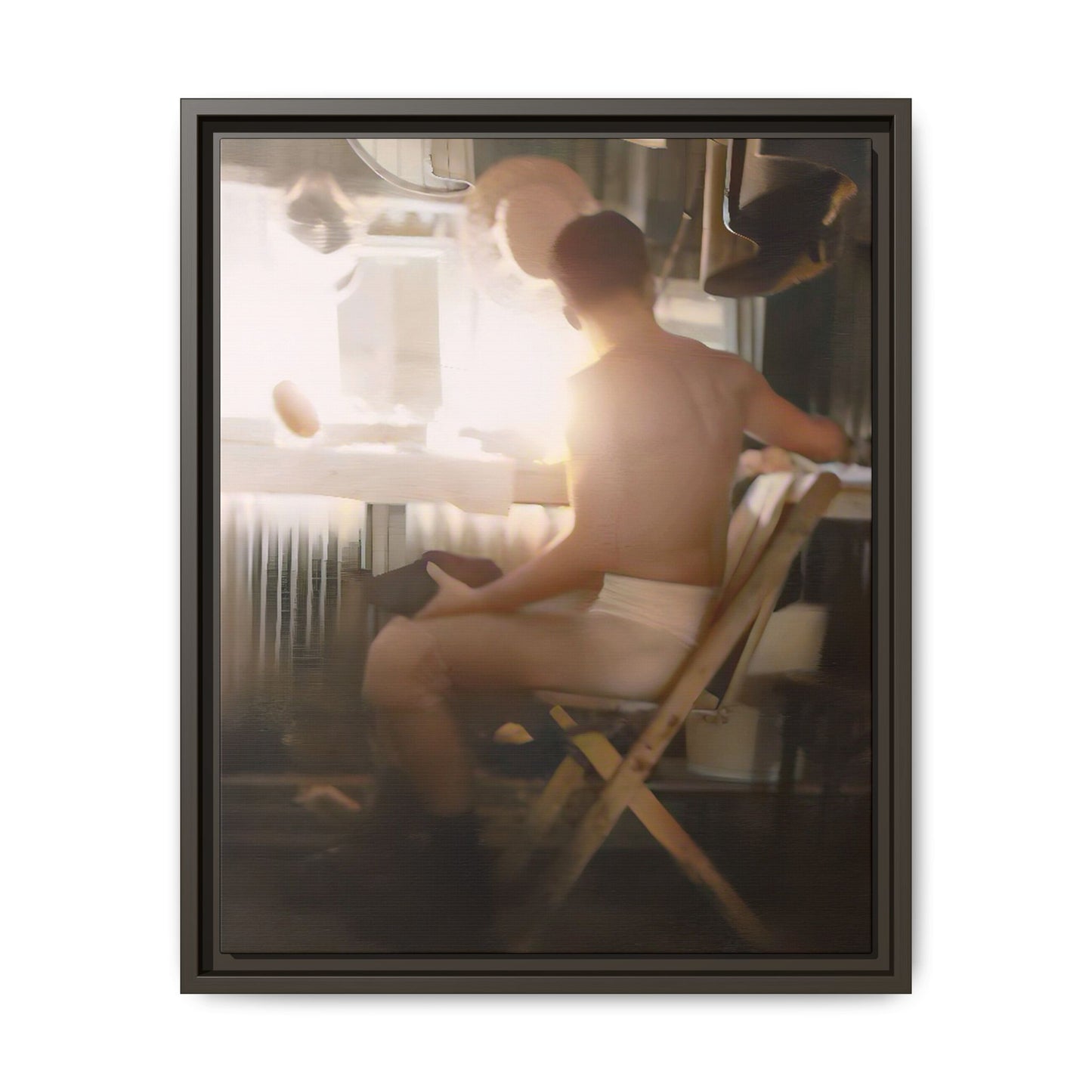 A vintage Hollywood portrait of Hugh in a backstage dressing room. This framed canvas print captures the elegance and mystique of old Hollywood, making it the perfect cinematic decor for film lovers and vintage photography collectors.