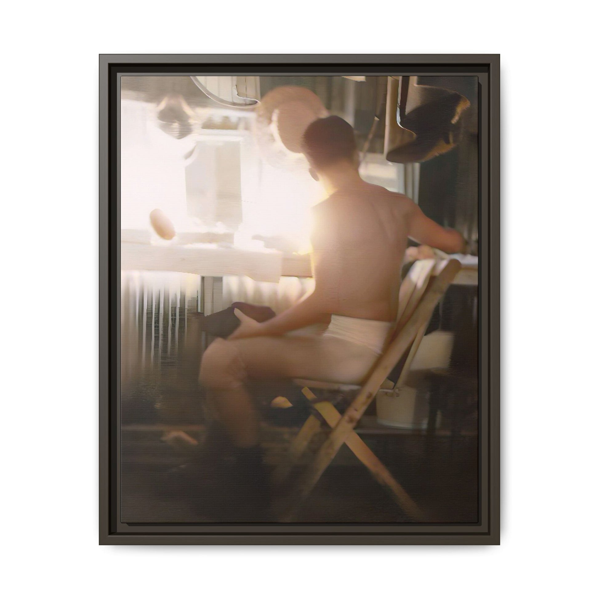 A vintage Hollywood portrait of Hugh in a backstage dressing room. This framed canvas print captures the elegance and mystique of old Hollywood, making it the perfect cinematic decor for film lovers and vintage photography collectors.
