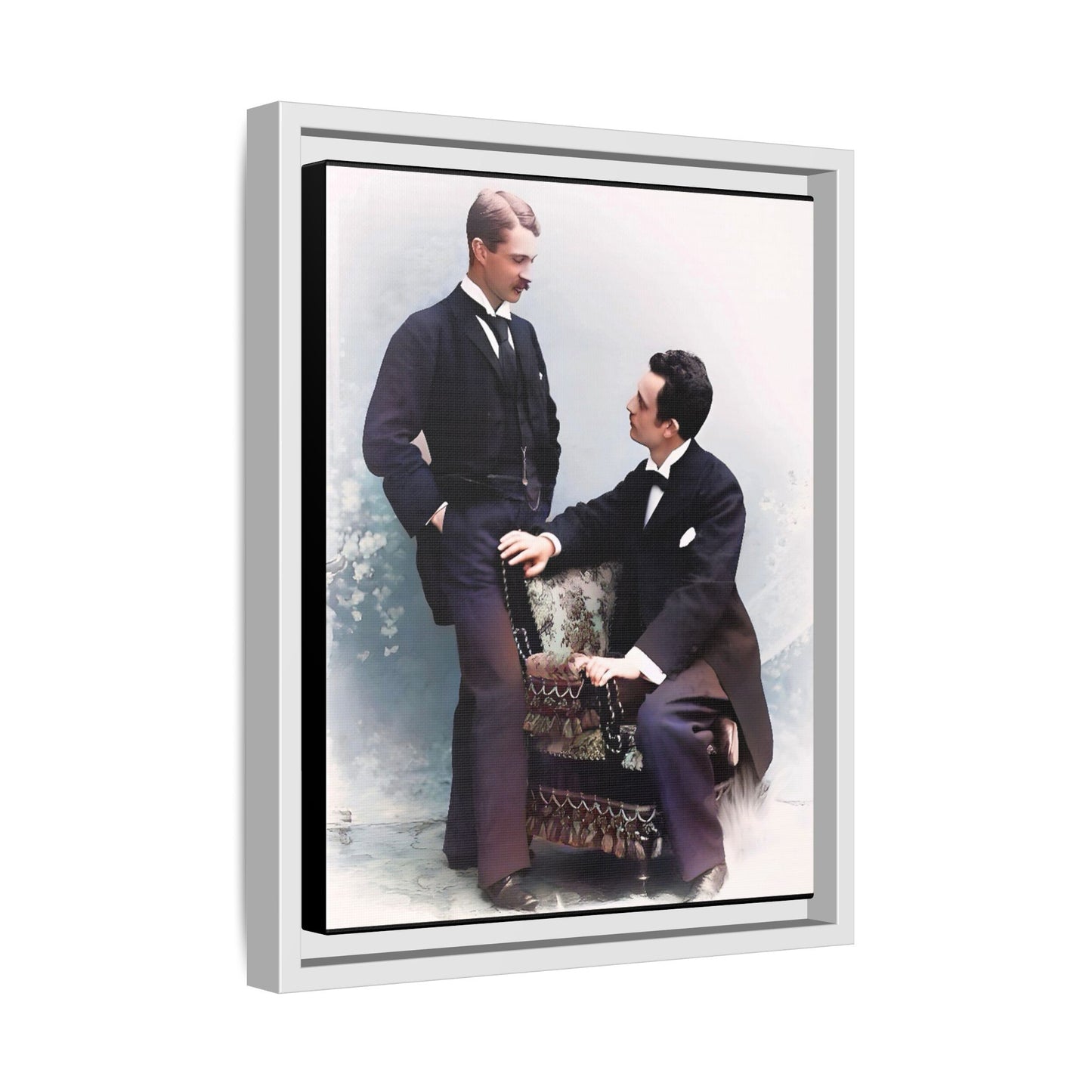 A beautifully restored vintage portrait of Ernest & Richard in Wilmington, North Carolina, exuding elegance and deep connection. Dressed in refined suits, their poised expressions capture a timeless LGBTQ+ love story, making this framed matte canvas print a stunning historical art piece for collectors and enthusiasts.