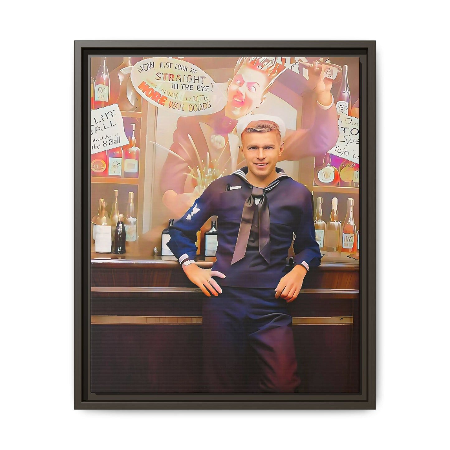 A restored WWII-era portrait of Charles at Brooklyn Navy Yard, New York. This framed matte canvas print captures the resilience and camaraderie of wartime sailors, featuring vintage war bond advertisements and classic Navy charm.