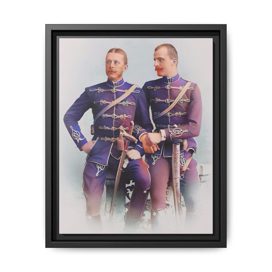A restored vintage military portrait of Nicolae & Valeriu, elegantly framed to honor LGBTQ+ history and love.