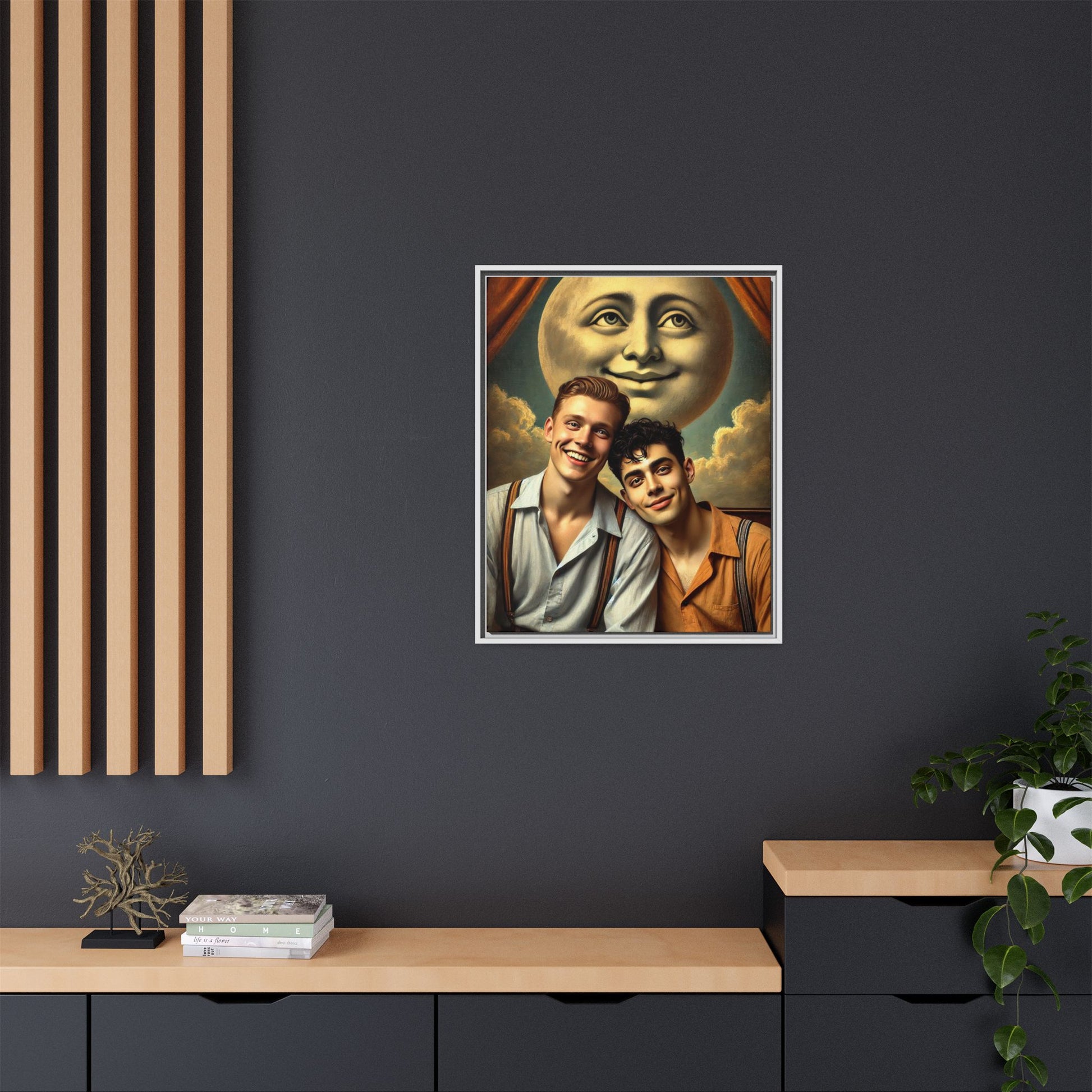 Framed artwork featuring a joyful queer couple in 1930s attire, seated close together beneath a smiling full moon in a theatrical studio setting. A celebration of reclaimed LGBTQ+ narratives in nostalgic portraiture.