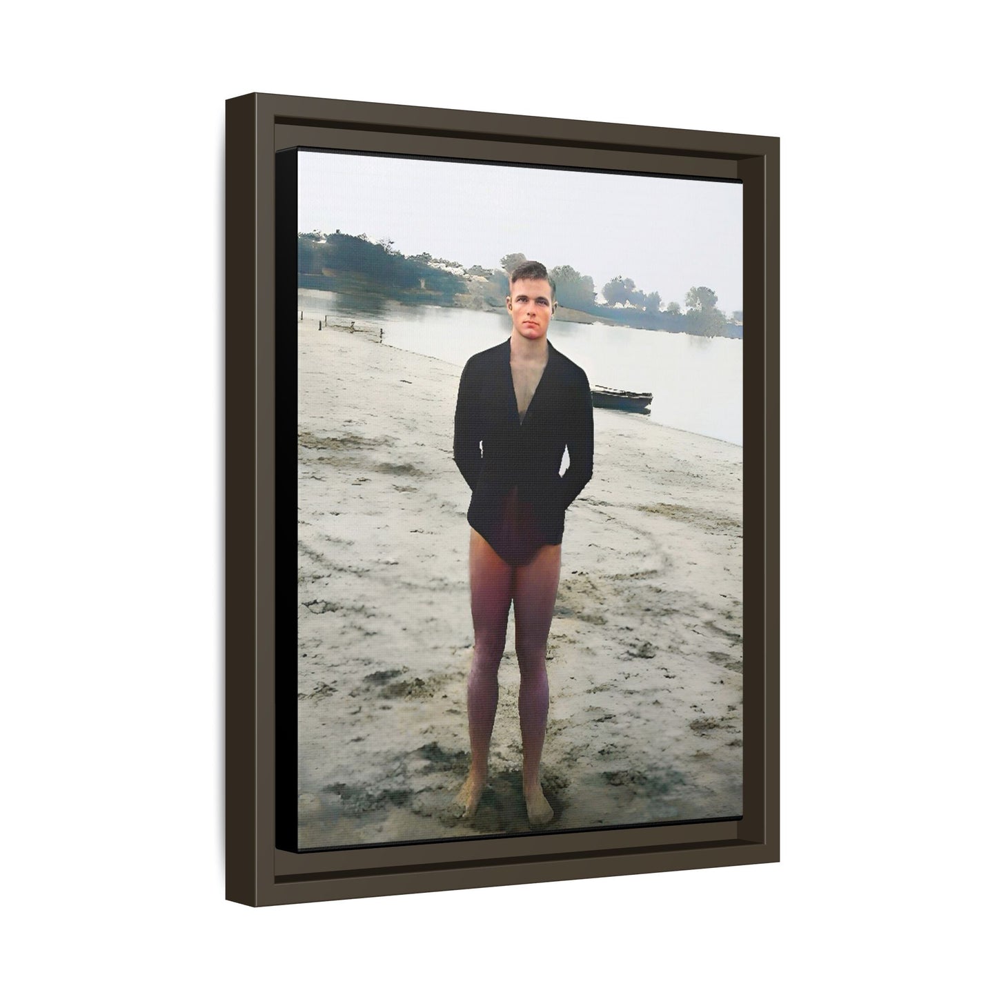 A framed vintage lake portrait on matte canvas featuring Ben at Lake Chicot, Arkansas, capturing solitude, nature, and timeless reflection.