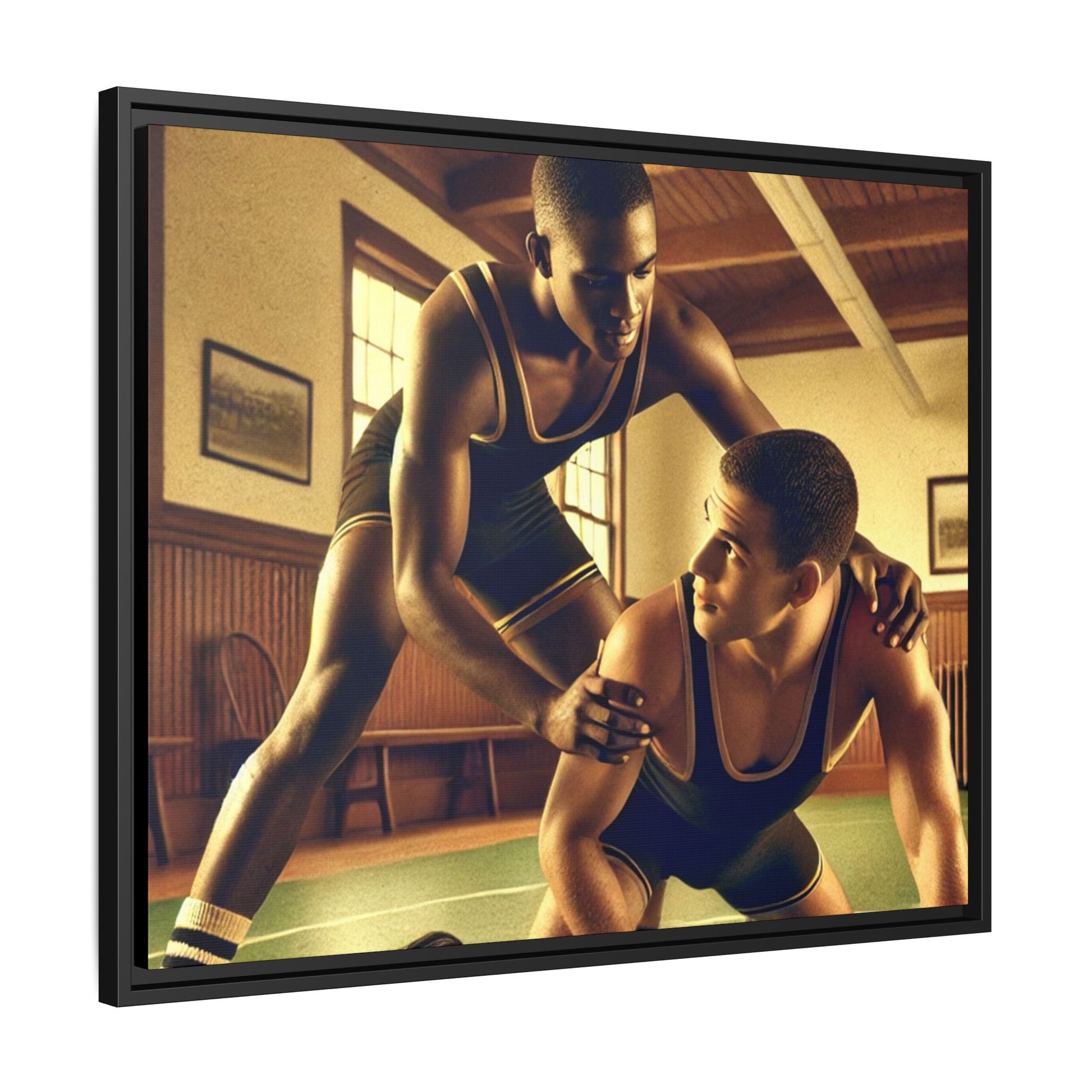 Framed canvas artwork inspired by Grant Wood featuring African-American and European-American wrestlers in a vintage gymnasium. A tribute to unity, diversity, and regionalist art.