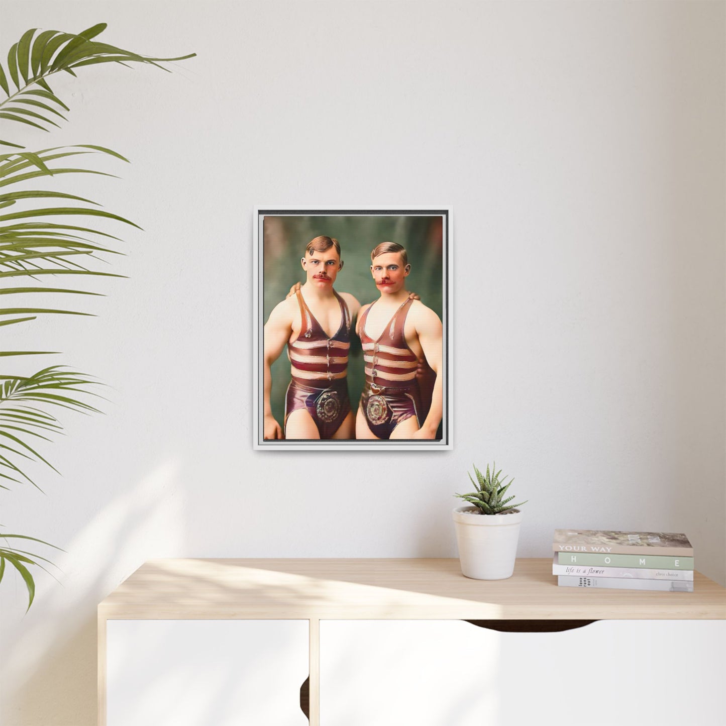 Restored early 1900s vintage photograph of Oscar and Herman in Pittsburgh, Pennsylvania, wearing striped singlets. Framed matte canvas art celebrating love, strength, and LGBTQ+ history. Gay Circus Couple Performers