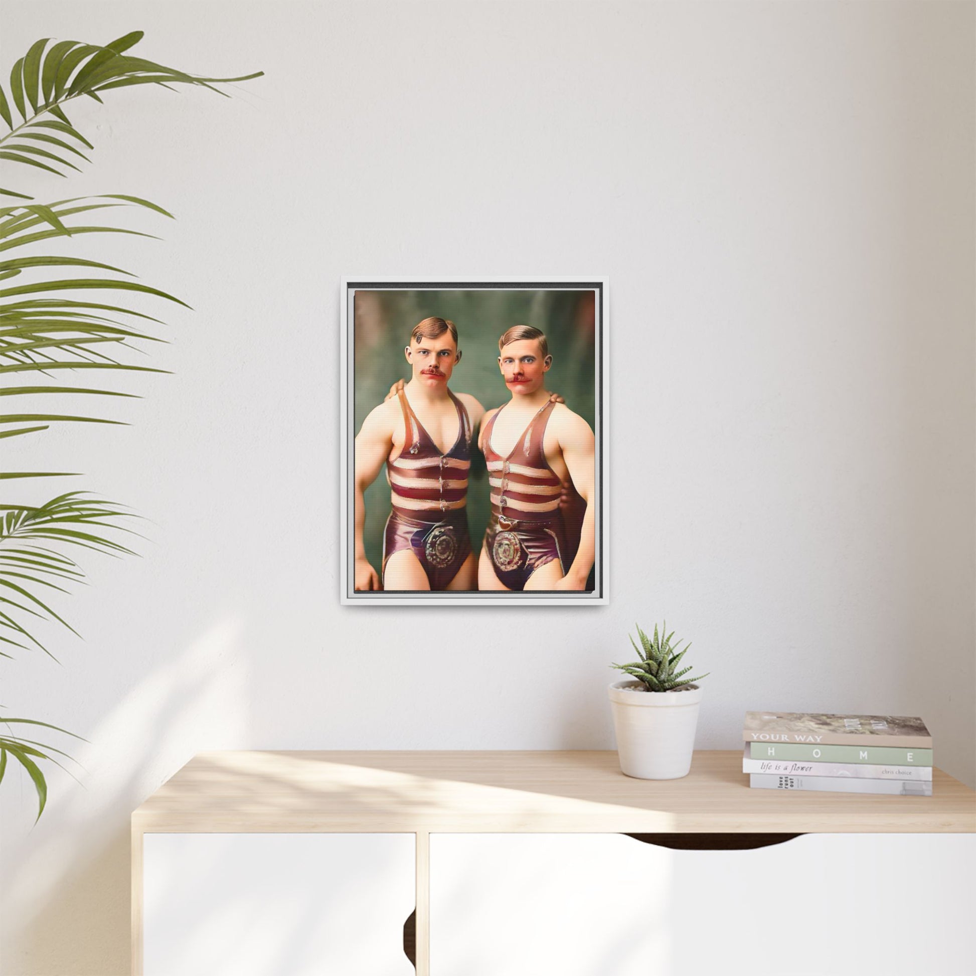 Restored early 1900s vintage photograph of Oscar and Herman in Pittsburgh, Pennsylvania, wearing striped singlets. Framed matte canvas art celebrating love, strength, and LGBTQ+ history. Gay Circus Couple Performers