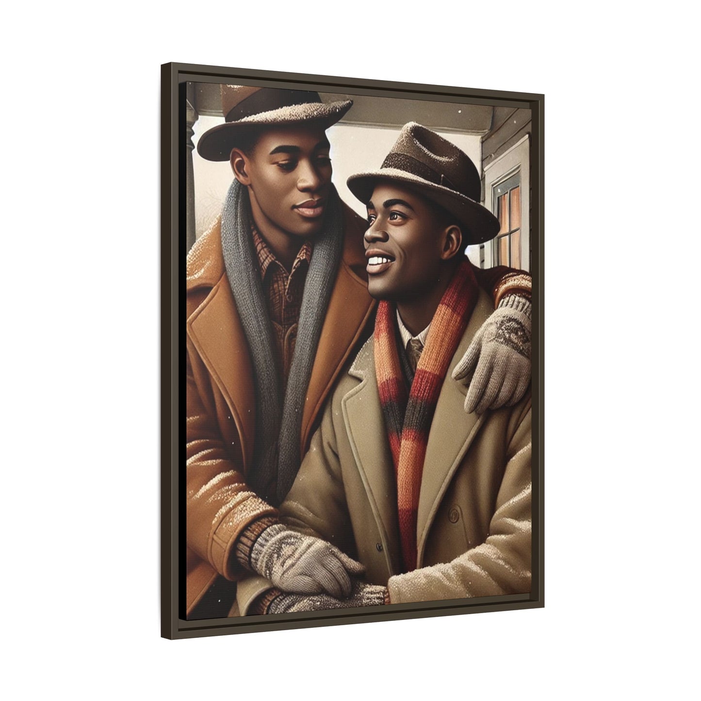 Artwork of an African-American gay couple sharing a cozy winter moment on a porch. Dressed in vintage winter attire with fedoras, scarves, and warm coats, they exchange affectionate gazes amidst softly falling snow, capturing love, warmth, and intimacy in a nostalgic winter setting.