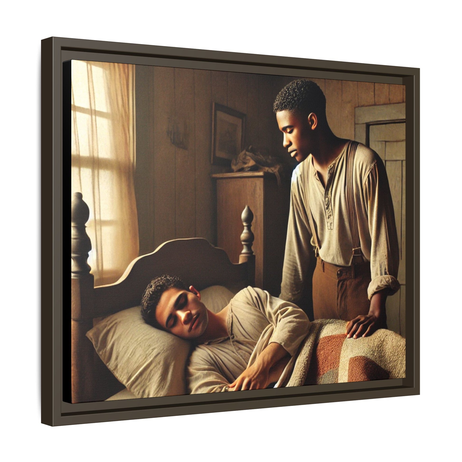 Grant 007 artwork depicting an African-American queer couple in a tender, intimate moment within a rustic bedroom. This scene, bathed in warm, nostalgic light, captures the love and quiet resilience of rural life, celebrating LGBTQ+ representation and African-American heritage.
