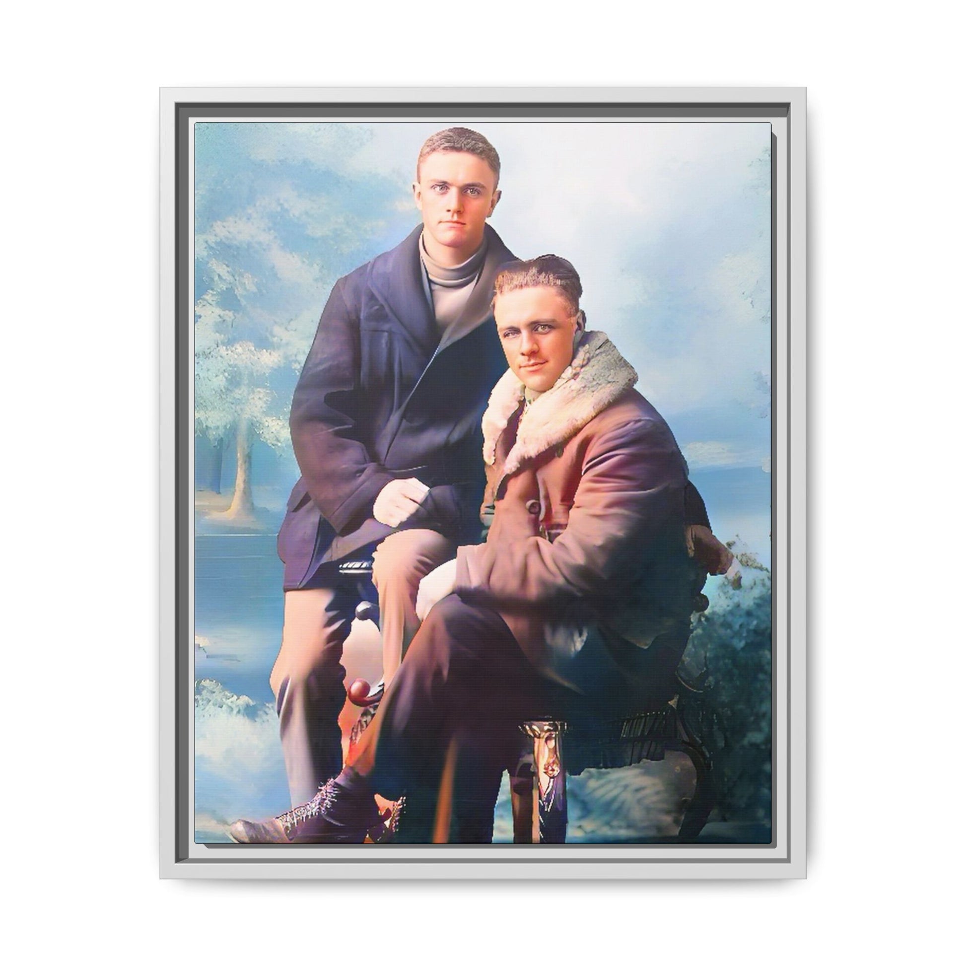 Restored vintage photograph of David and Sam, a gay couple in winter attire from early 20th century Yakima, Washington. Framed matte canvas print showcasing love, resilience, and Gay  history.
