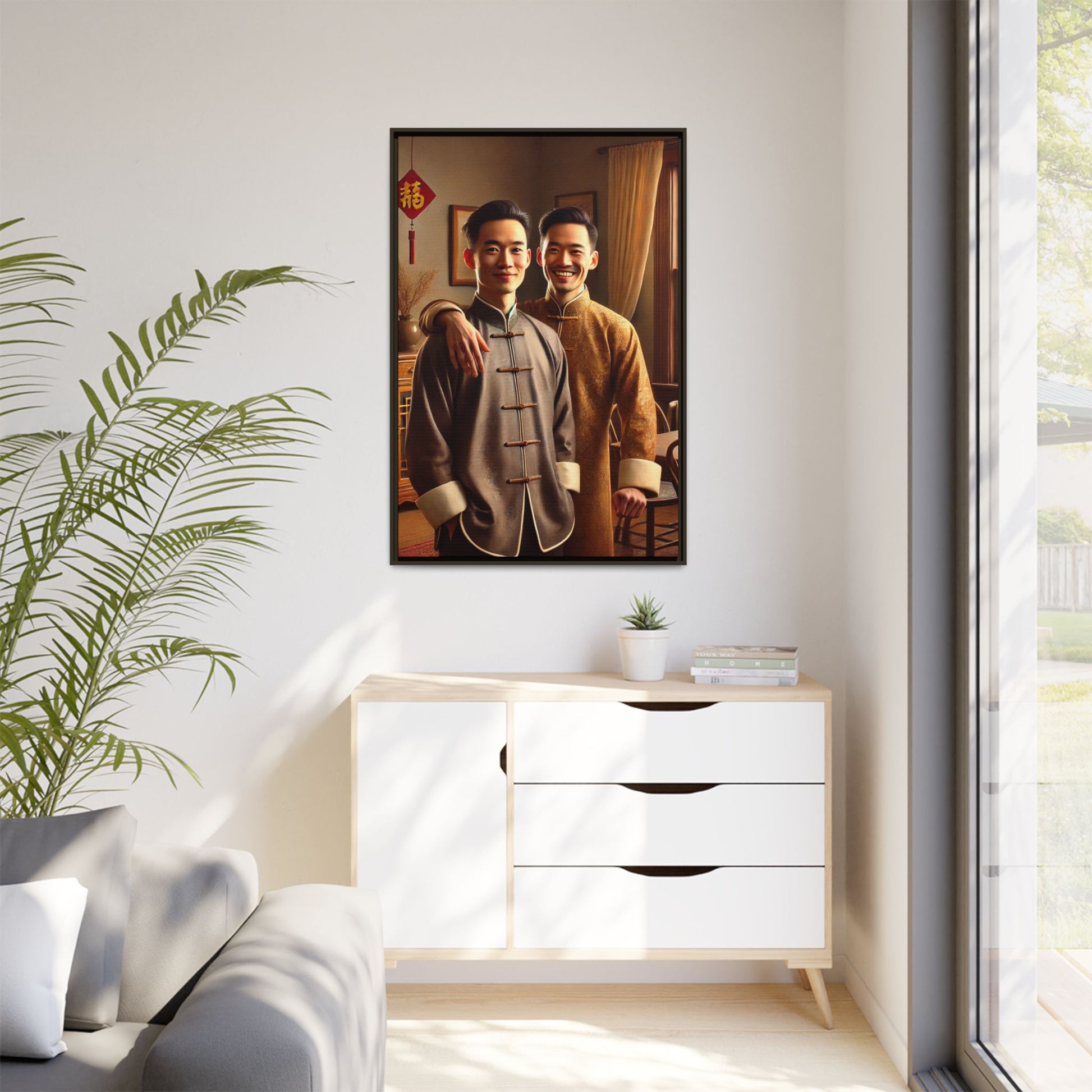 Artwork featuring a joyful portrait of a Chinese queer couple celebrating Chinese New Year in traditional attire. Set in a cozy American home adorned with subtle decorations, this image captures love, cultural pride, and warmth, blending Chinese heritage with a Midwestern setting
