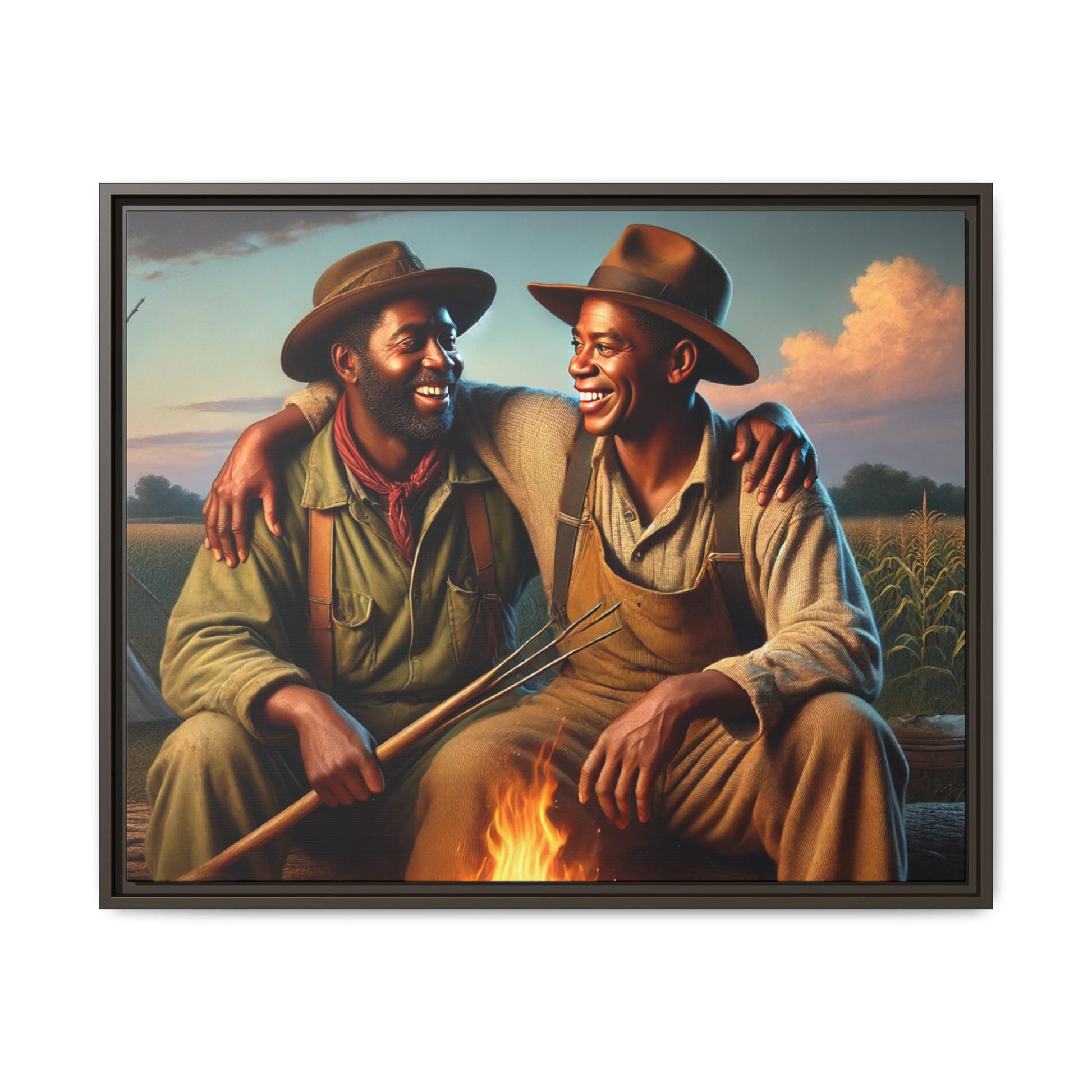 Artwork of an older African-American queer couple sharing a warm, joyful moment by a campfire in rural Iowa. Set against vast fields and an open sky, the scene captures love, resilience, and the nostalgic beauty of Americana, with firelight illuminating their laughter and companionship