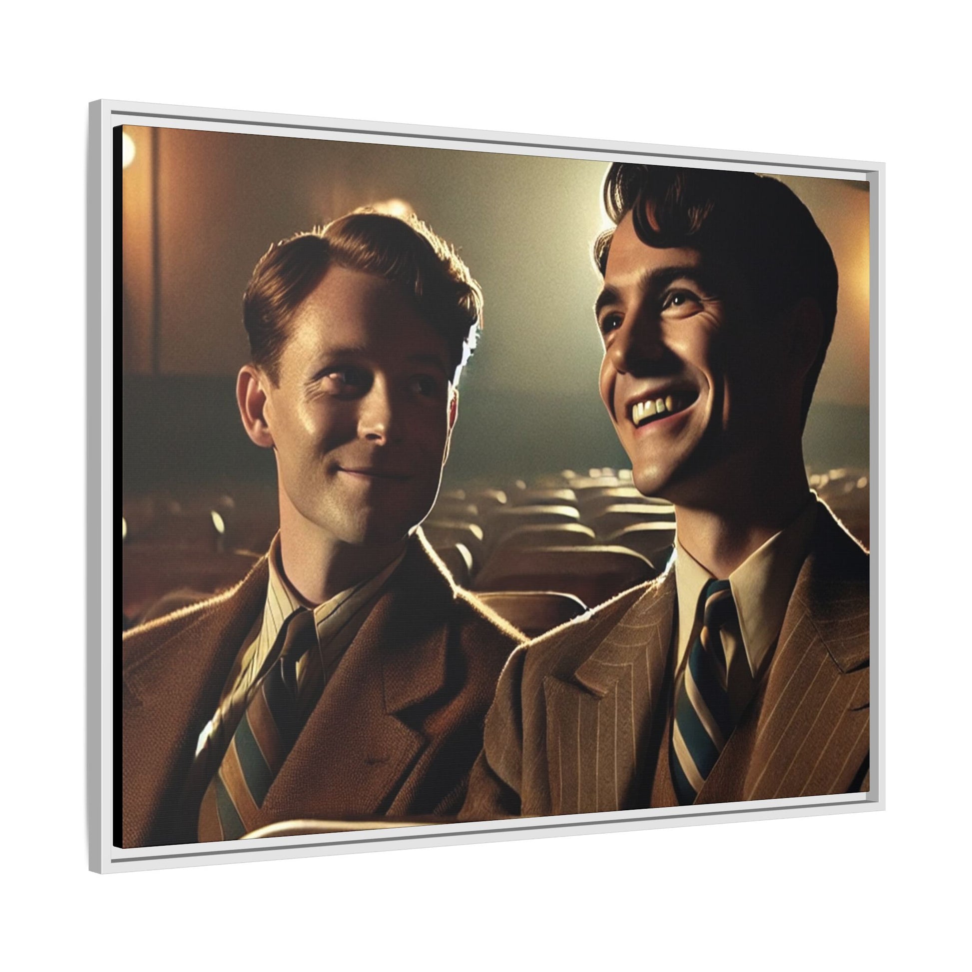 Vintage-style photo of two young men sharing an intimate moment on a date in a 1930s movie theater. Dressed in classic pinstripe suits, their smiles and close connection evoke the warmth and charm of the era, celebrating LGBTQ+ history and timeless romance.