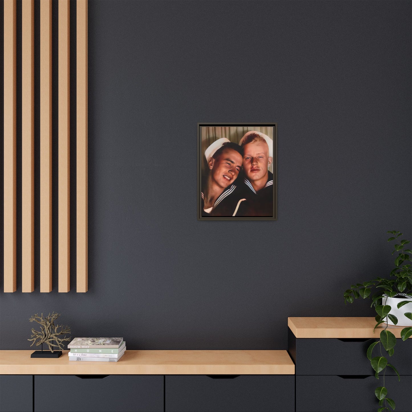 A framed vintage sailor portrait on matte canvas featuring Ray and Clyde in Newport, Rhode Island, capturing timeless LGBTQ+ love and companionship. Gay Couple Photo Booth