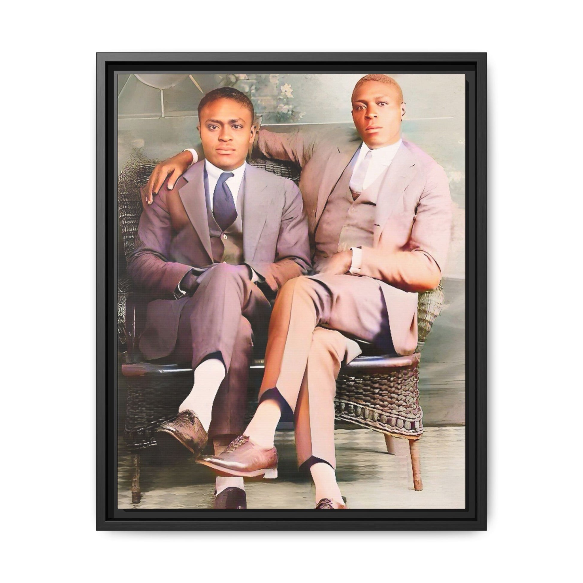 Restored vintage portrait of Walter & George, an African American gay couple seated in Birmingham AL, framed canvas art. Gay Juneteenth Black Love History Month