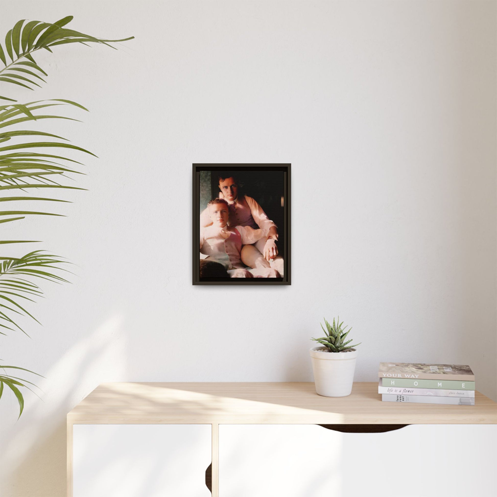 Restored vintage photograph of James and Henry, an early 1900s LGBTQ+ couple from Dayton, Ohio, sharing an intimate, sunlit moment. Framed matte canvas print celebrating love, devotion, and LGBTQ+ history. Gay Couple Affectionate Men