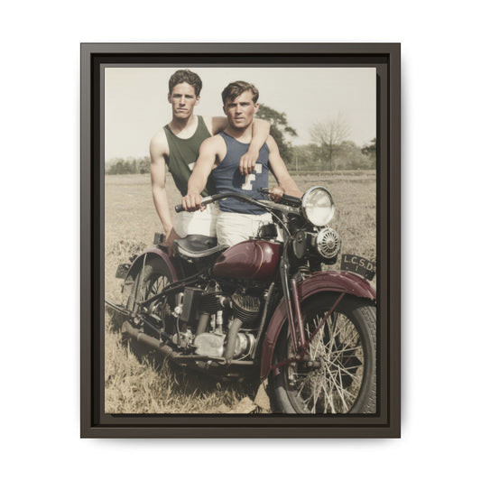Early twentieth-century outdoor photograph of two men with motorcycle on framed canvas