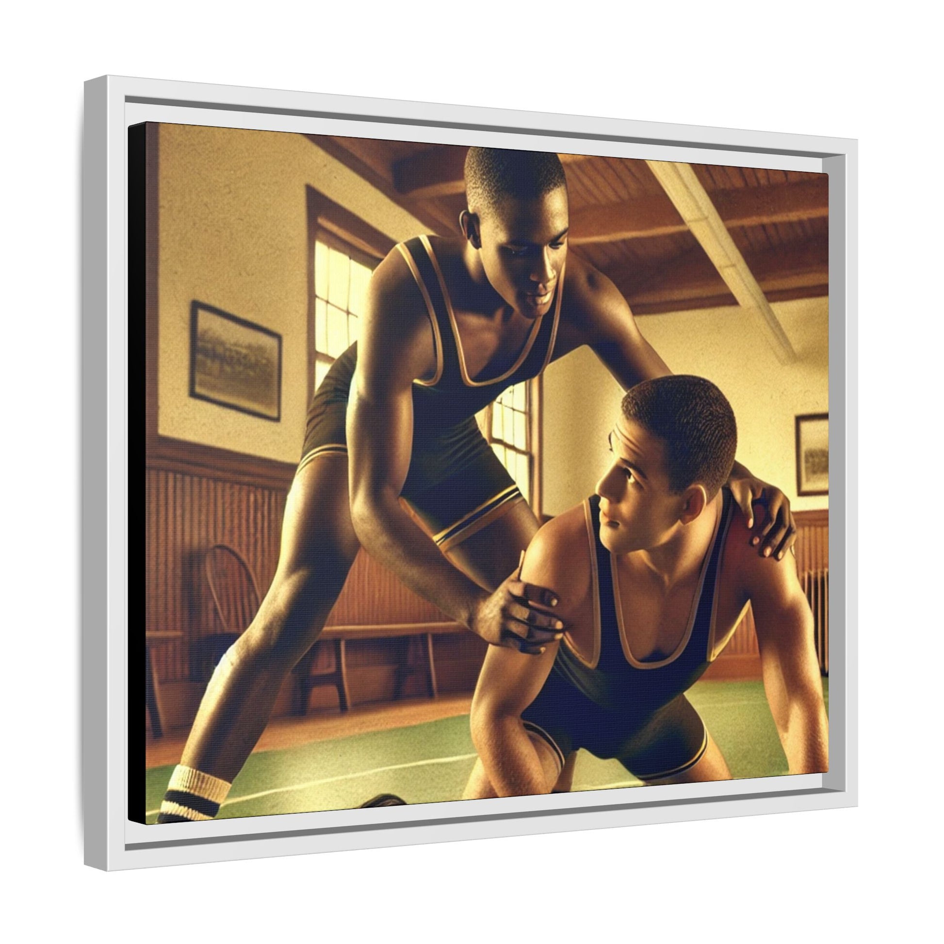 Framed canvas artwork inspired by Grant Wood featuring African-American and European-American wrestlers in a vintage gymnasium. A tribute to unity, diversity, and regionalist art.