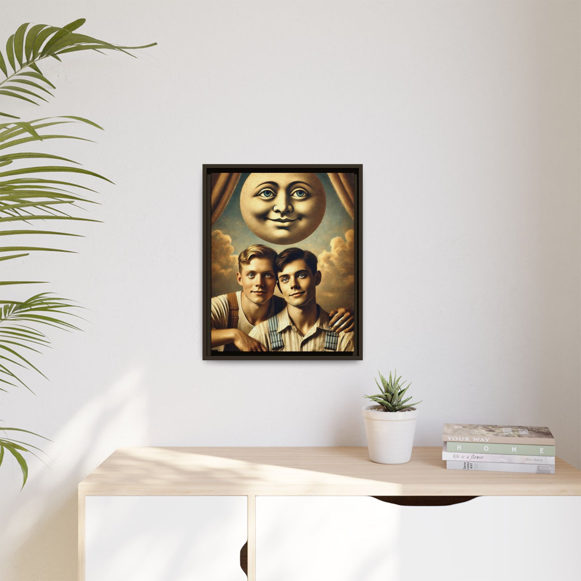 Framed matte canvas portrait featuring two young men in vintage overalls with a crescent moon prop above them. This artwork from the Missing Art Studies series reclaims LGBTQ+ imagery that may have been lost to bias, presenting warmth, intimacy, and presence.
