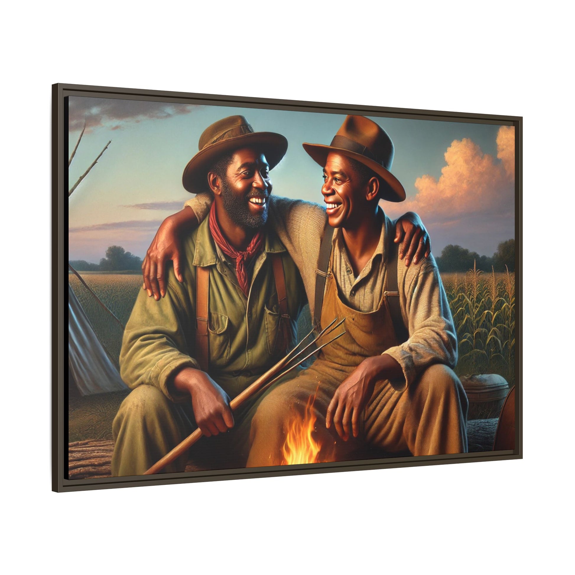 Artwork of an older African-American queer couple sharing a warm, joyful moment by a campfire in rural Iowa. Set against vast fields and an open sky, the scene captures love, resilience, and the nostalgic beauty of Americana, with firelight illuminating their laughter and companionship