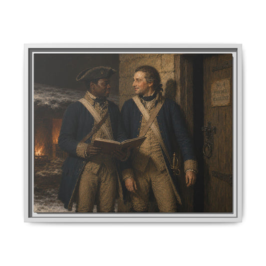 Historic Revolutionary War canvas showing two Continental artillery soldiers completing inventory outside a stone powder magazine in winter.